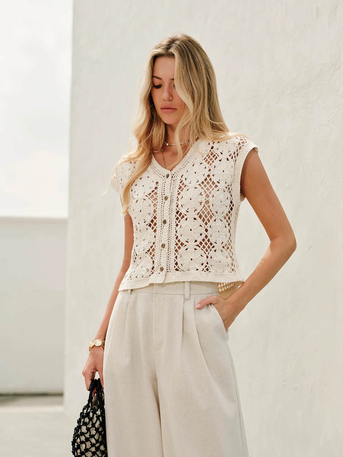 Semi-Sheer Jacquard Cut-Out V-Neck Tank Top