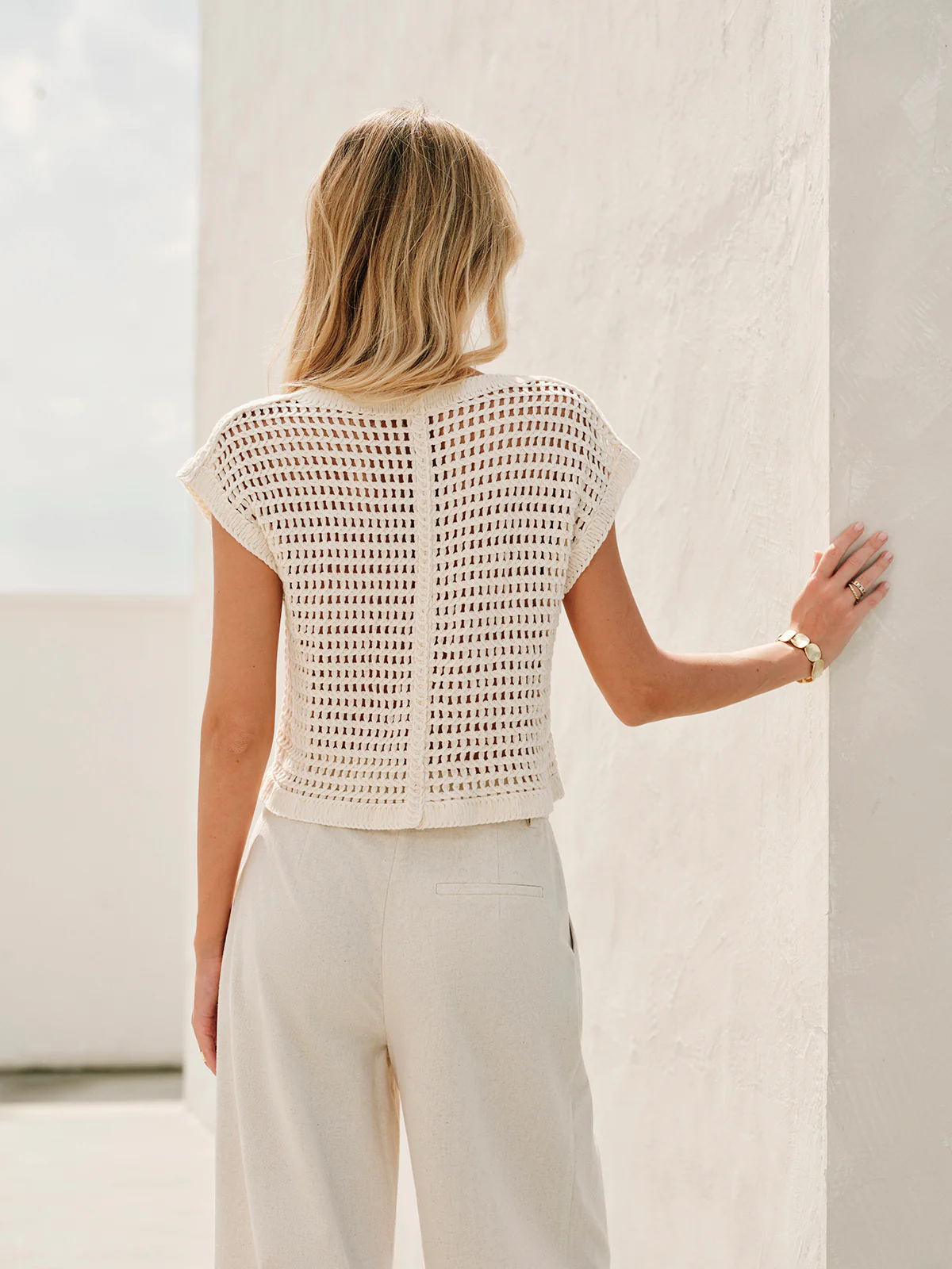 Semi-Sheer Jacquard Cut-Out V-Neck Tank Top - Image 6