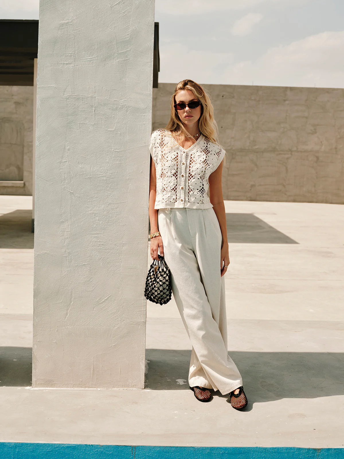 Semi-Sheer Jacquard Cut-Out V-Neck Tank Top - Image 7
