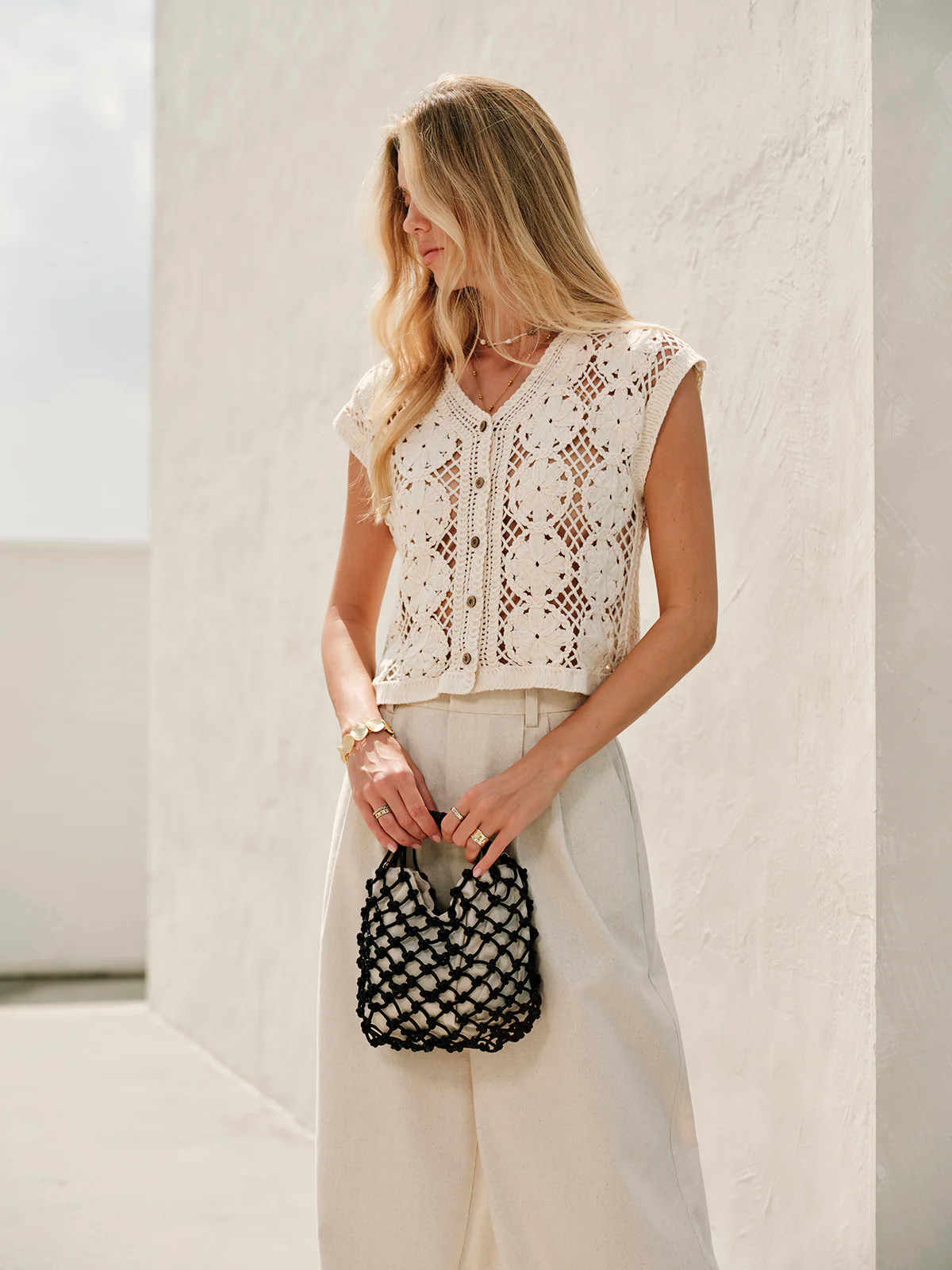 Semi-Sheer Jacquard Cut-Out V-Neck Tank Top - Image 9