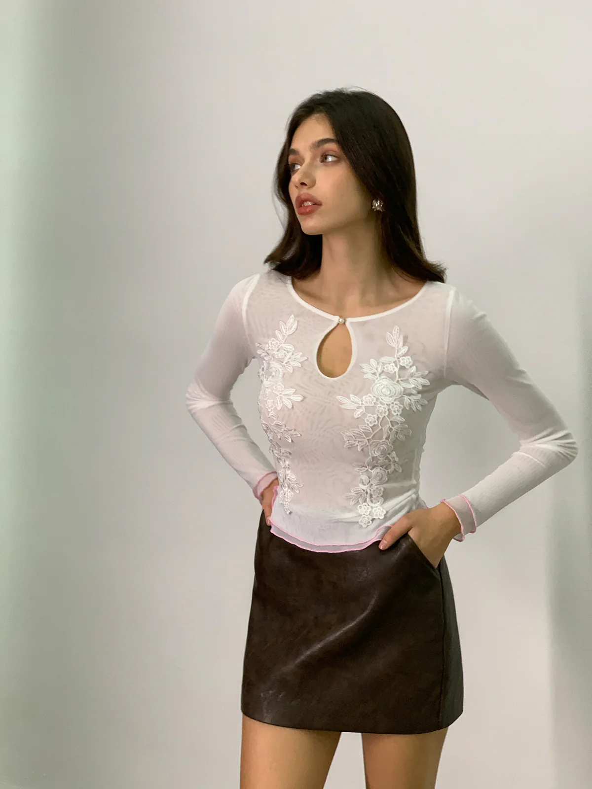 Semi-Sheer Keyhole Neckline Floral Mesh T-Shirt - Image 2