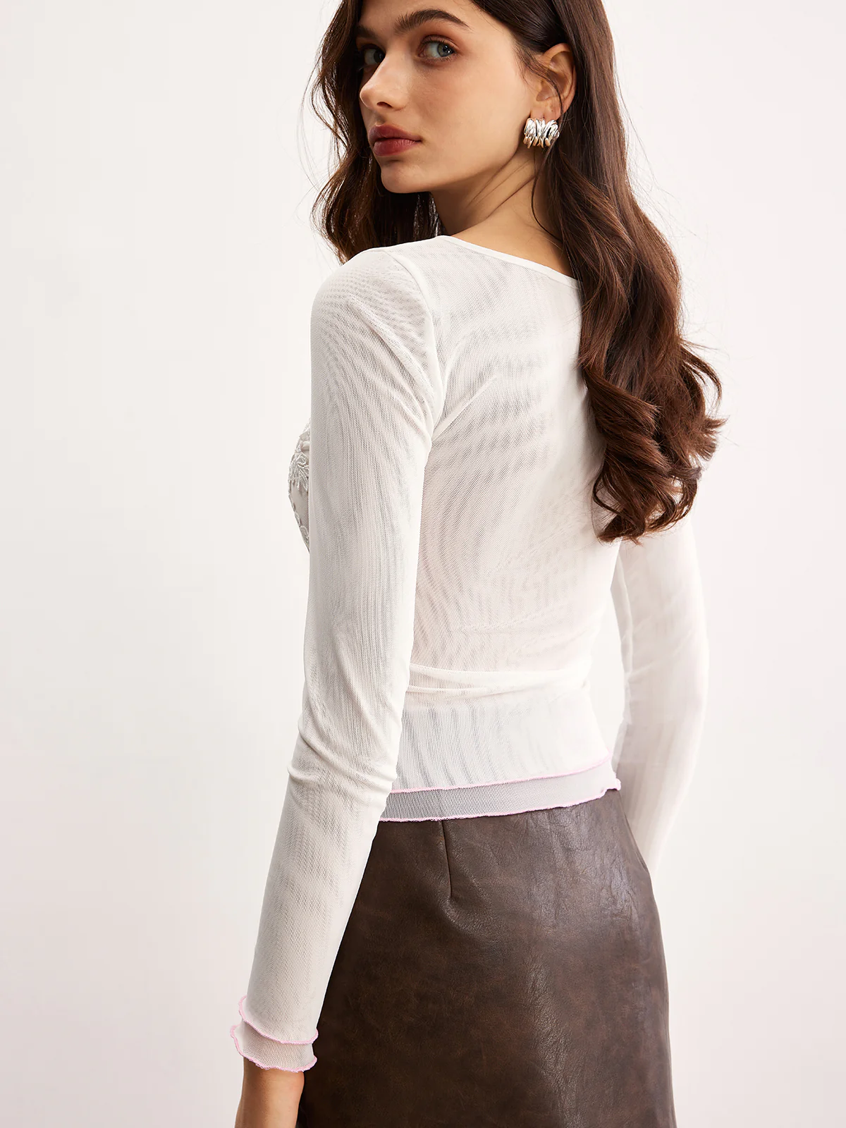 Semi-Sheer Keyhole Neckline Floral Mesh T-Shirt - Image 8