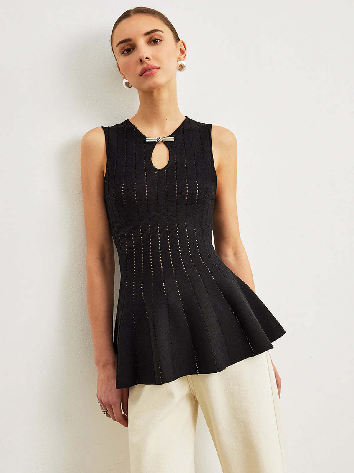 Semi-Sheer Knit Peplum Top With Bow Detail - Image 3