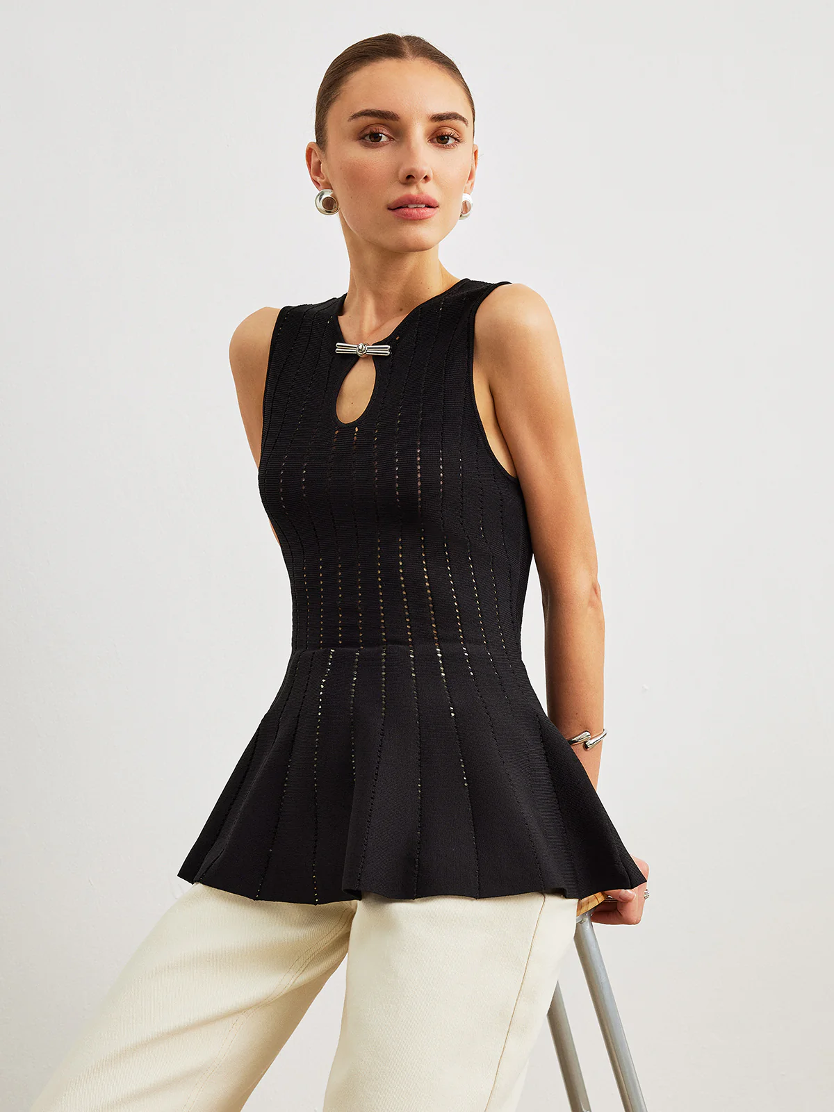 Semi-Sheer Knit Peplum Top With Bow Detail - Image 4