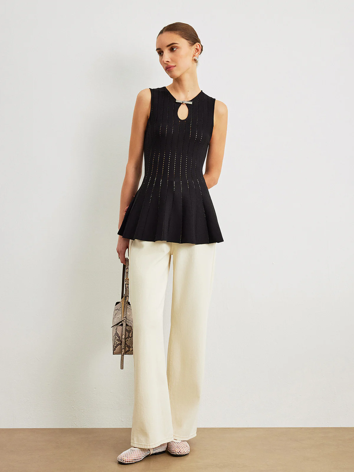 Semi-Sheer Knit Peplum Top With Bow Detail - Image 5