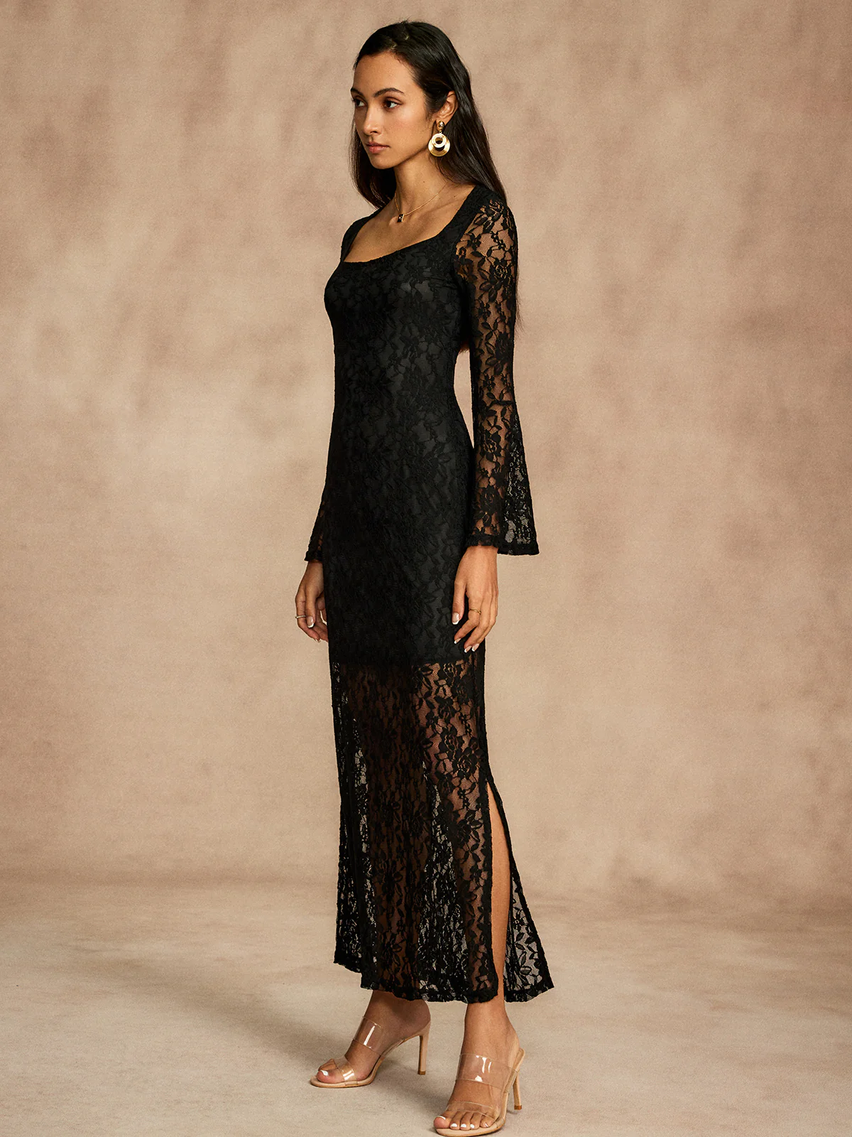 Semi-Sheer Lace Bell Sleeve Lined Dress - Image 5