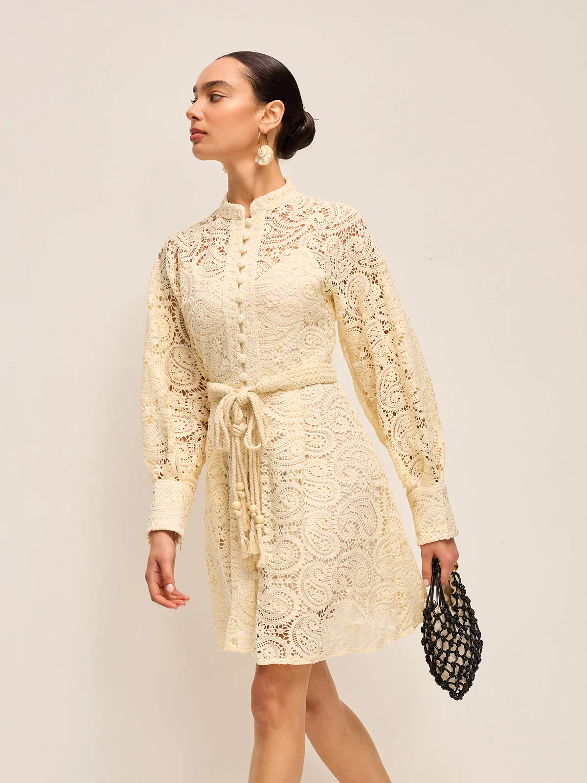 Semi-Sheer Lace Belted Dress - Image 3
