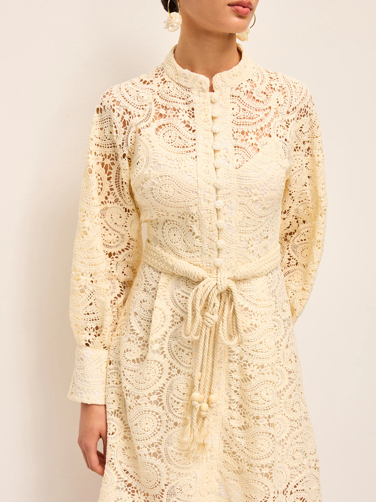 Semi-Sheer Lace Belted Dress - Image 4