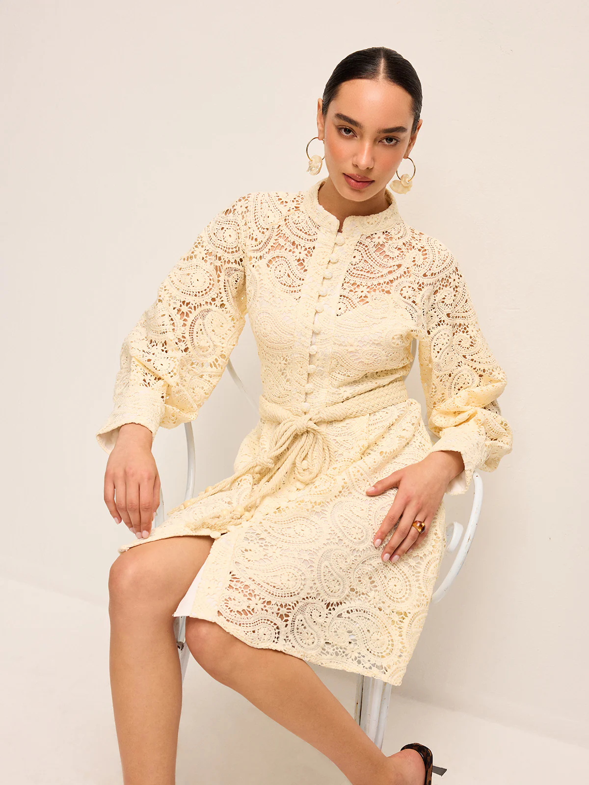 Semi-Sheer Lace Belted Dress - Image 5