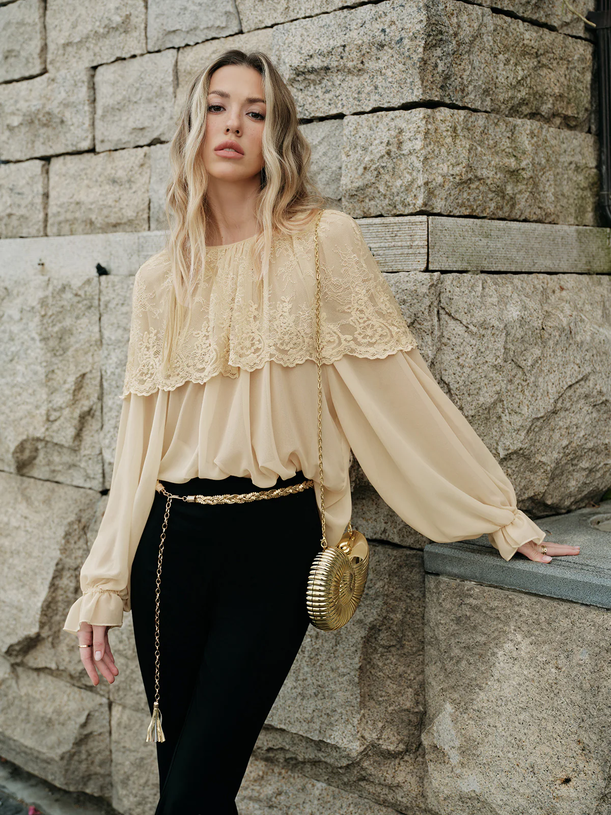 Semi-Sheer Lace Chiffon Blouse - Image 2