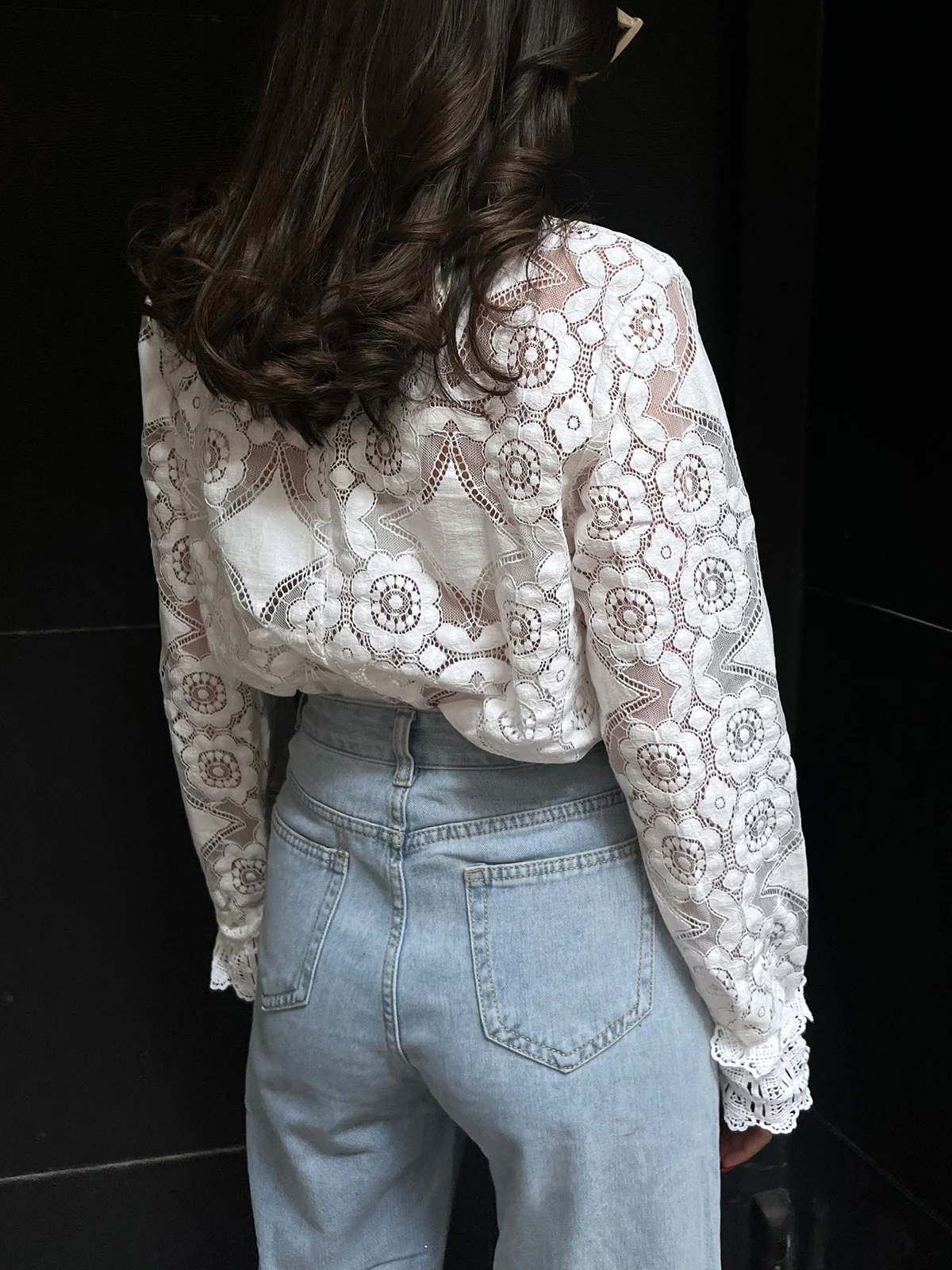 Semi-Sheer Lace Embroidery Floral Mock Neck T-Shirt - Image 3