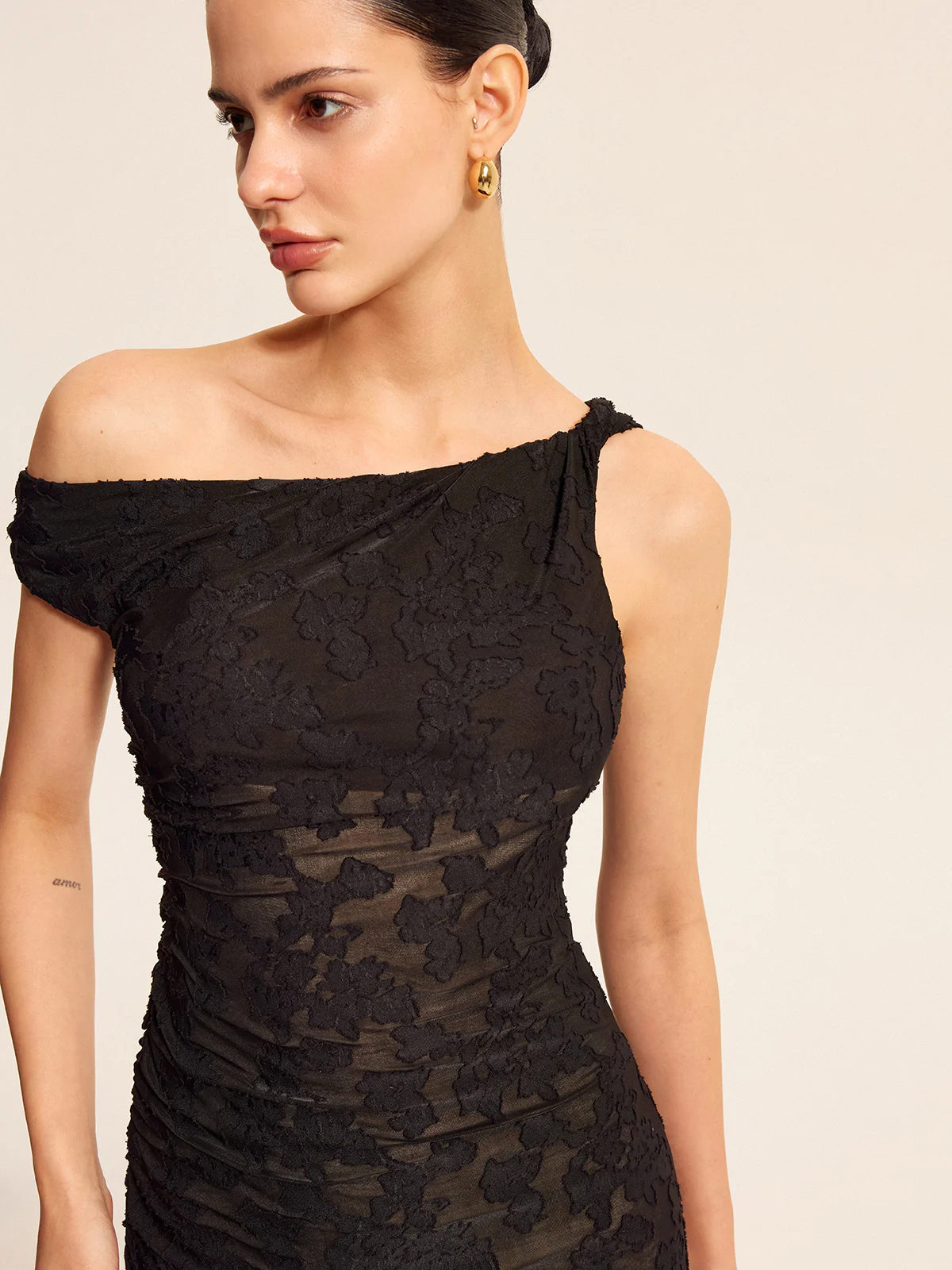 Semi-Sheer Lace One-Shoulder Maxi Dress - Image 4