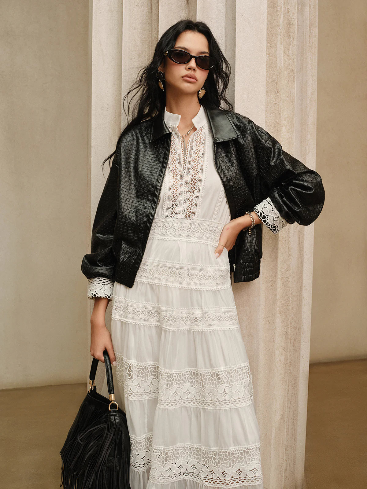 Semi-Sheer Lace Panel Maxi Dress without Belt - Image 3