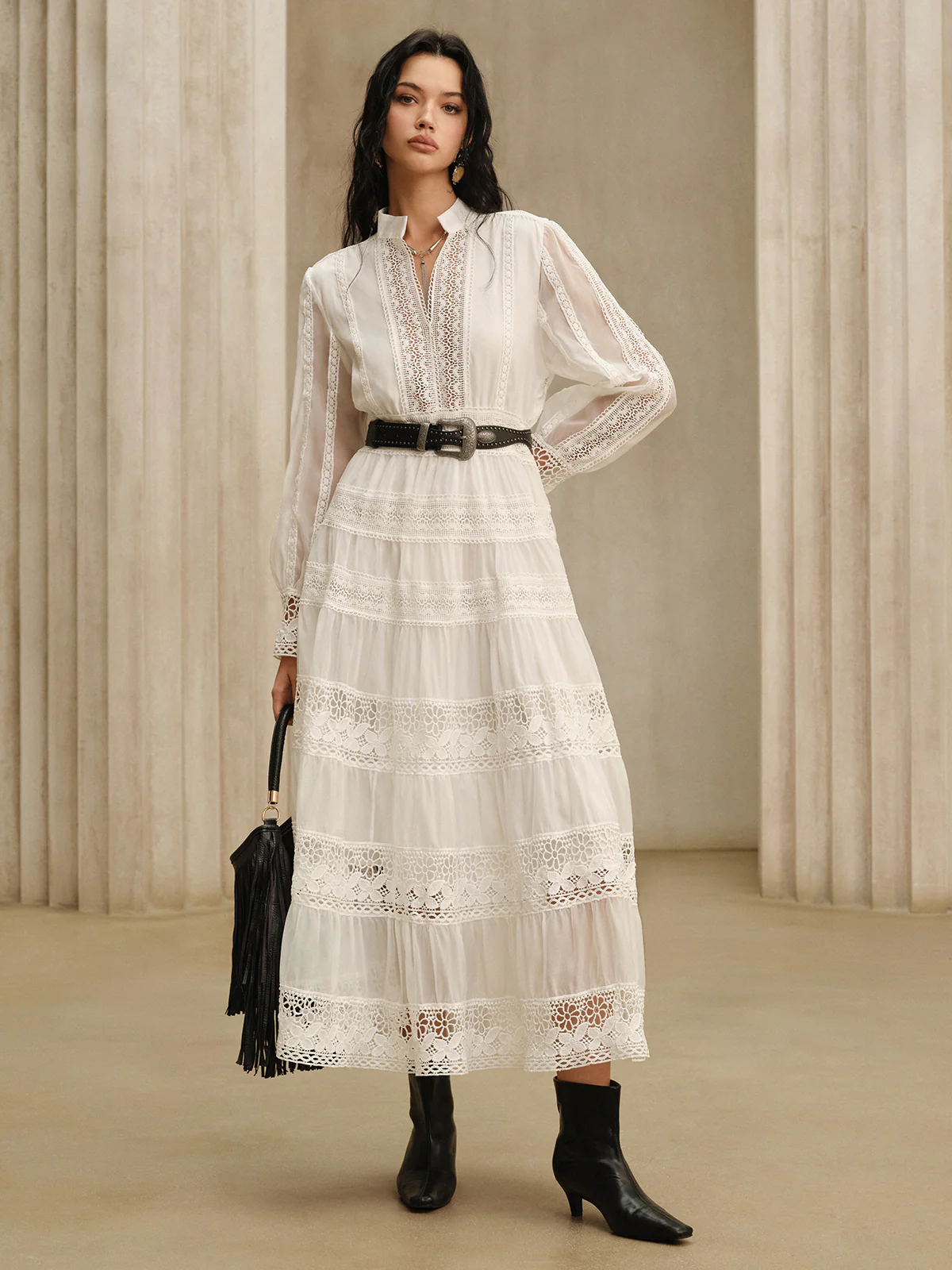 Semi-Sheer Lace Panel Maxi Dress without Belt - Image 4