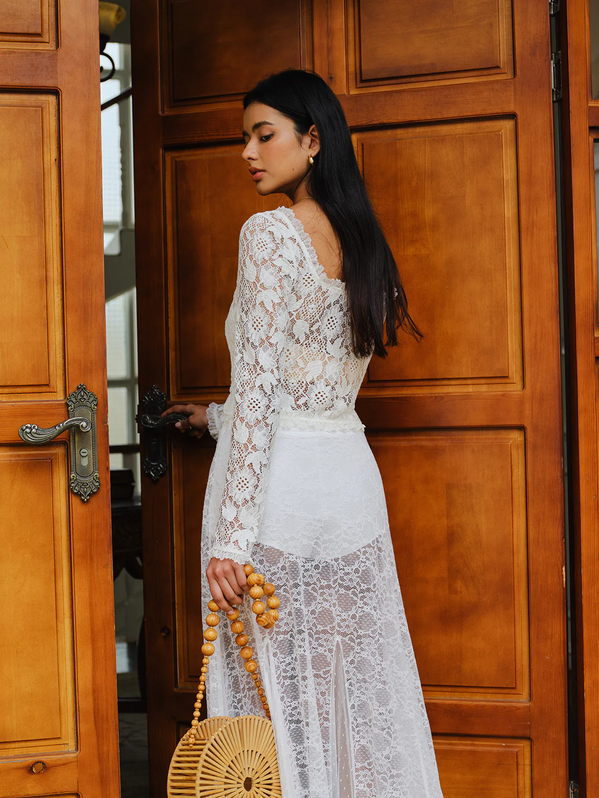 Semi-Sheer Lace Ruffled Trim Buttoned Crop Top - Image 8