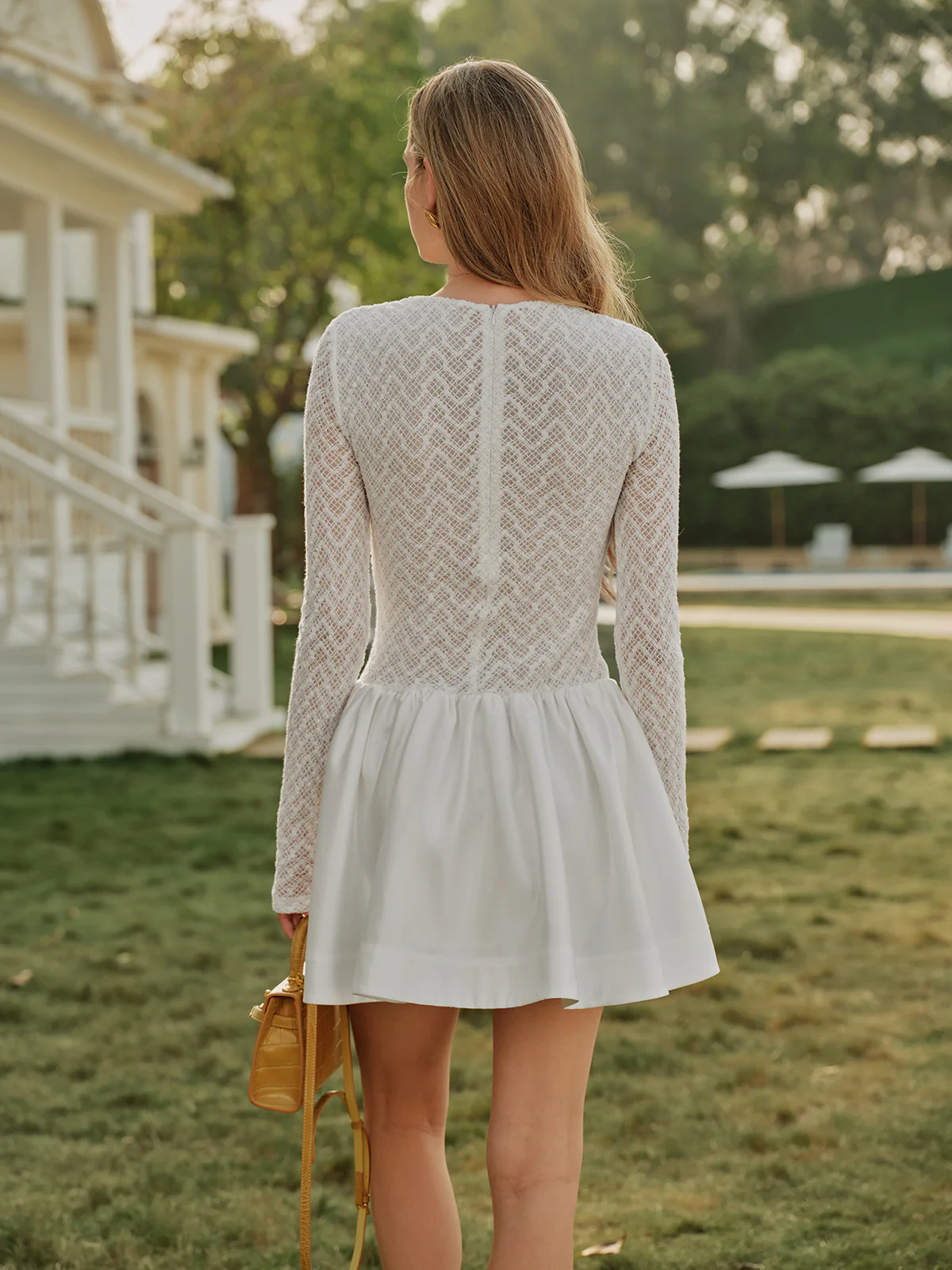 Semi-Sheer Lace Satin Panel Long Sleeve Dress - Image 5
