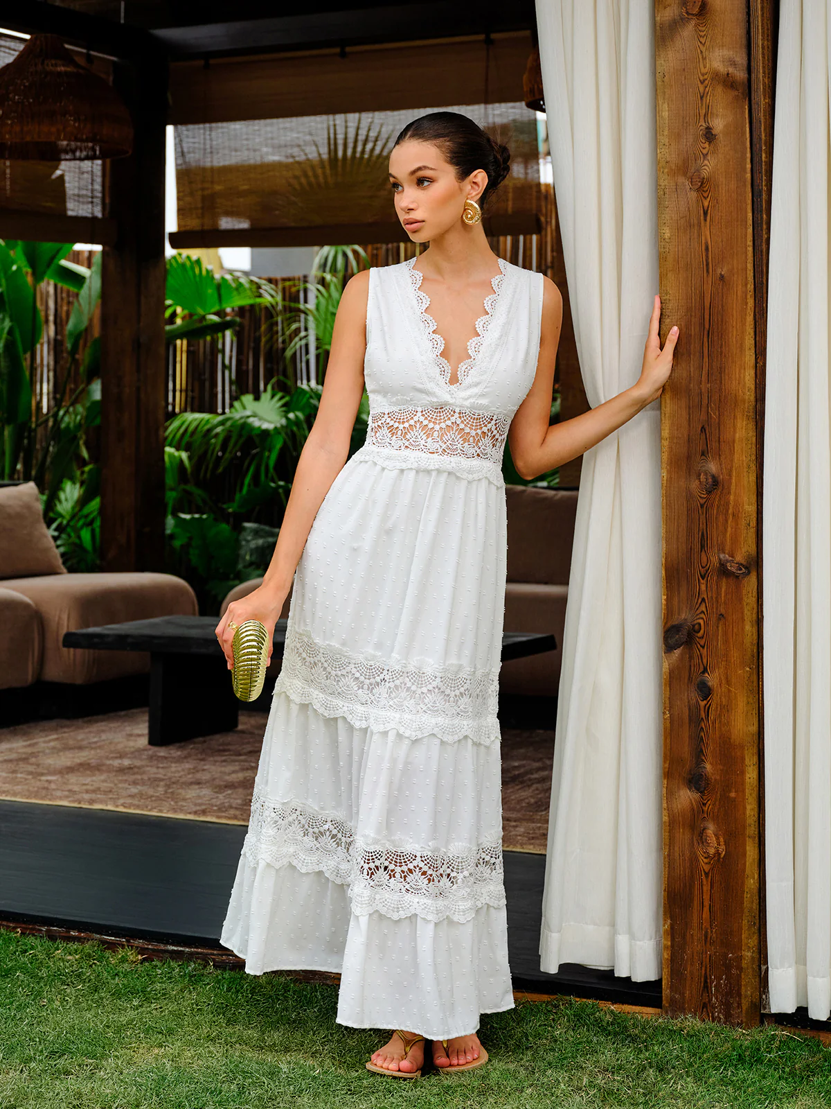 Semi-Sheer Lace Trim V-Neck Dress