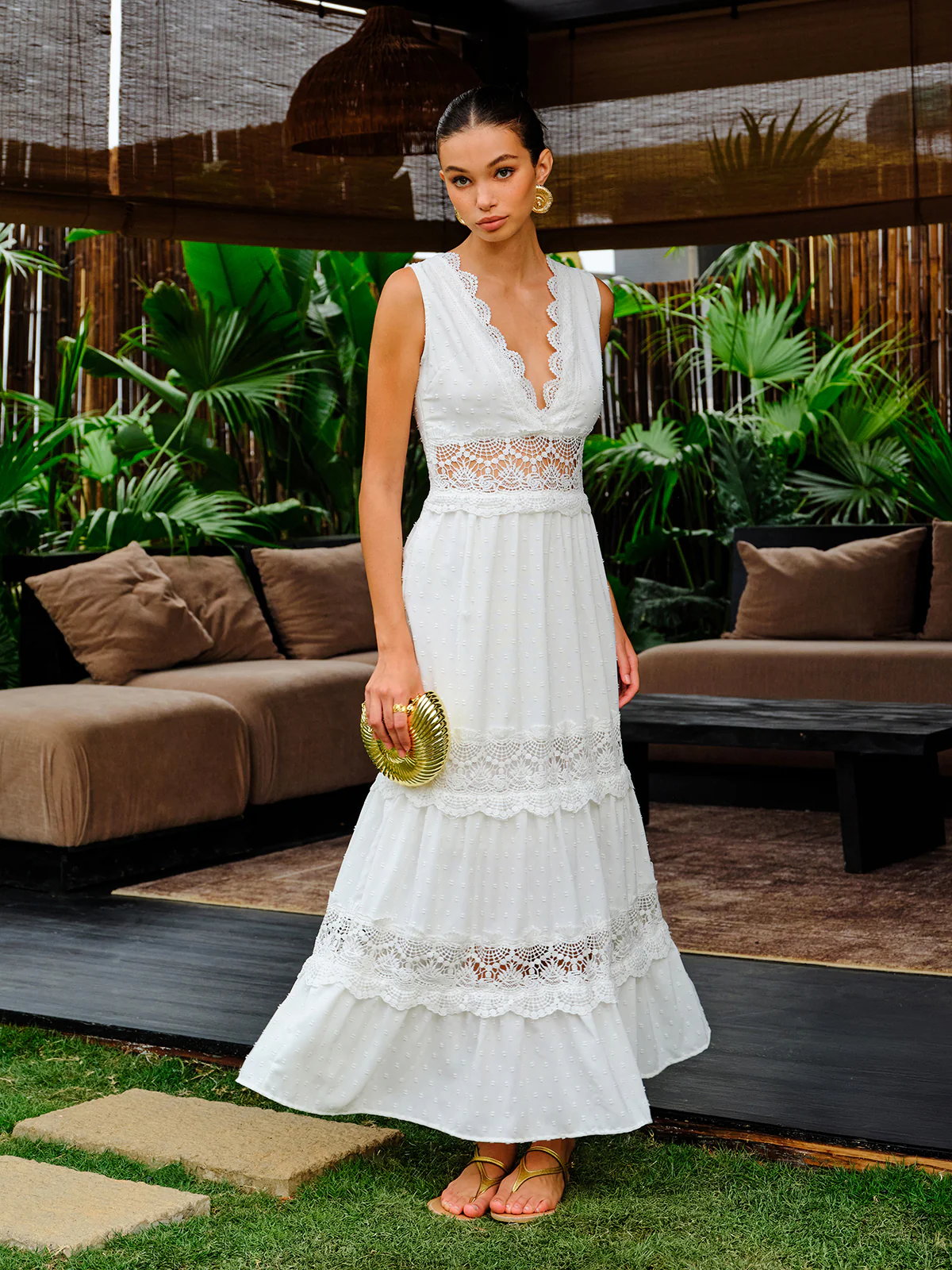 Semi-Sheer Lace Trim V-Neck Dress - Image 2