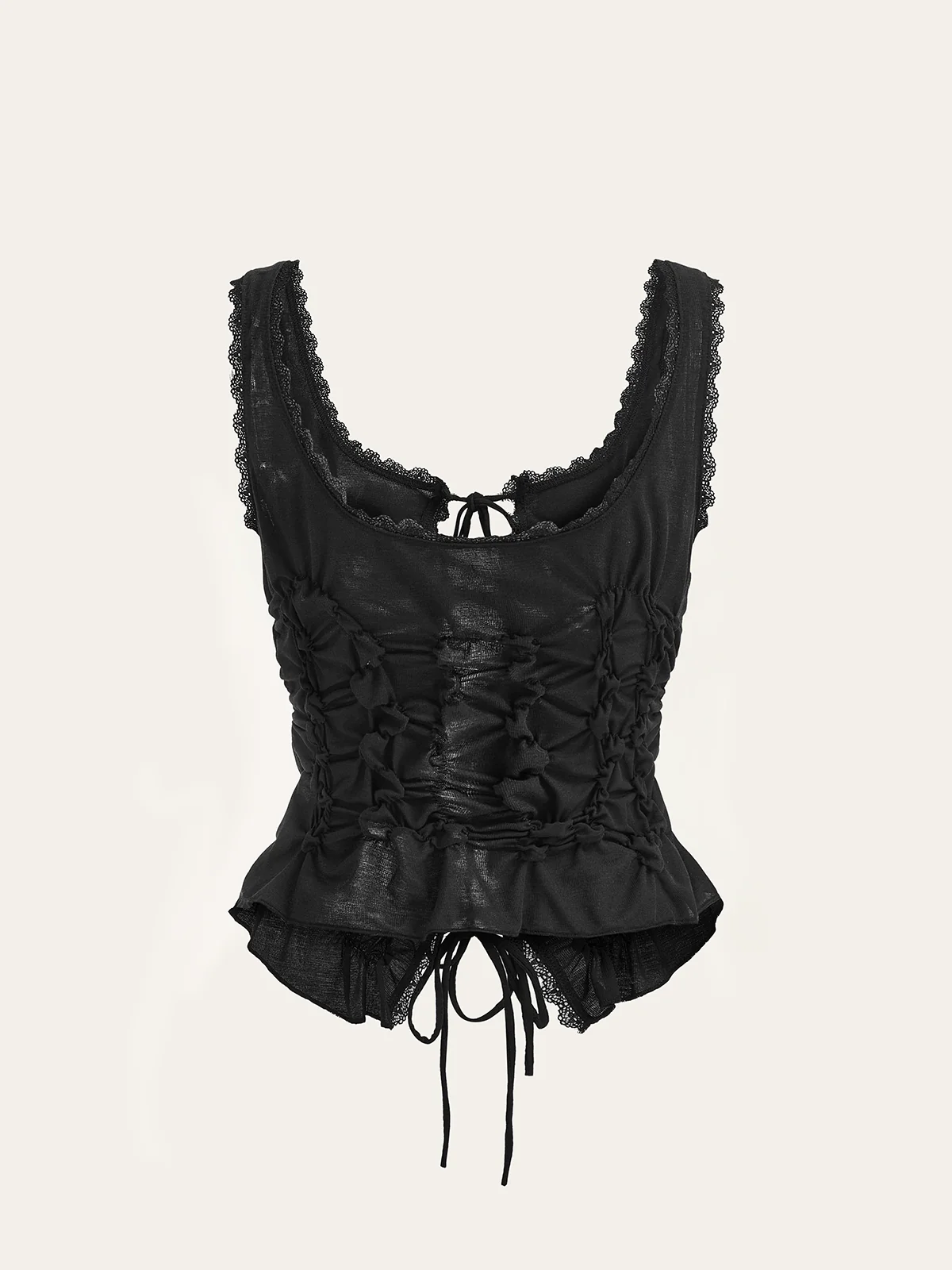 Semi-Sheer Lace-Trimmed Ruched Corset Top - Image 2