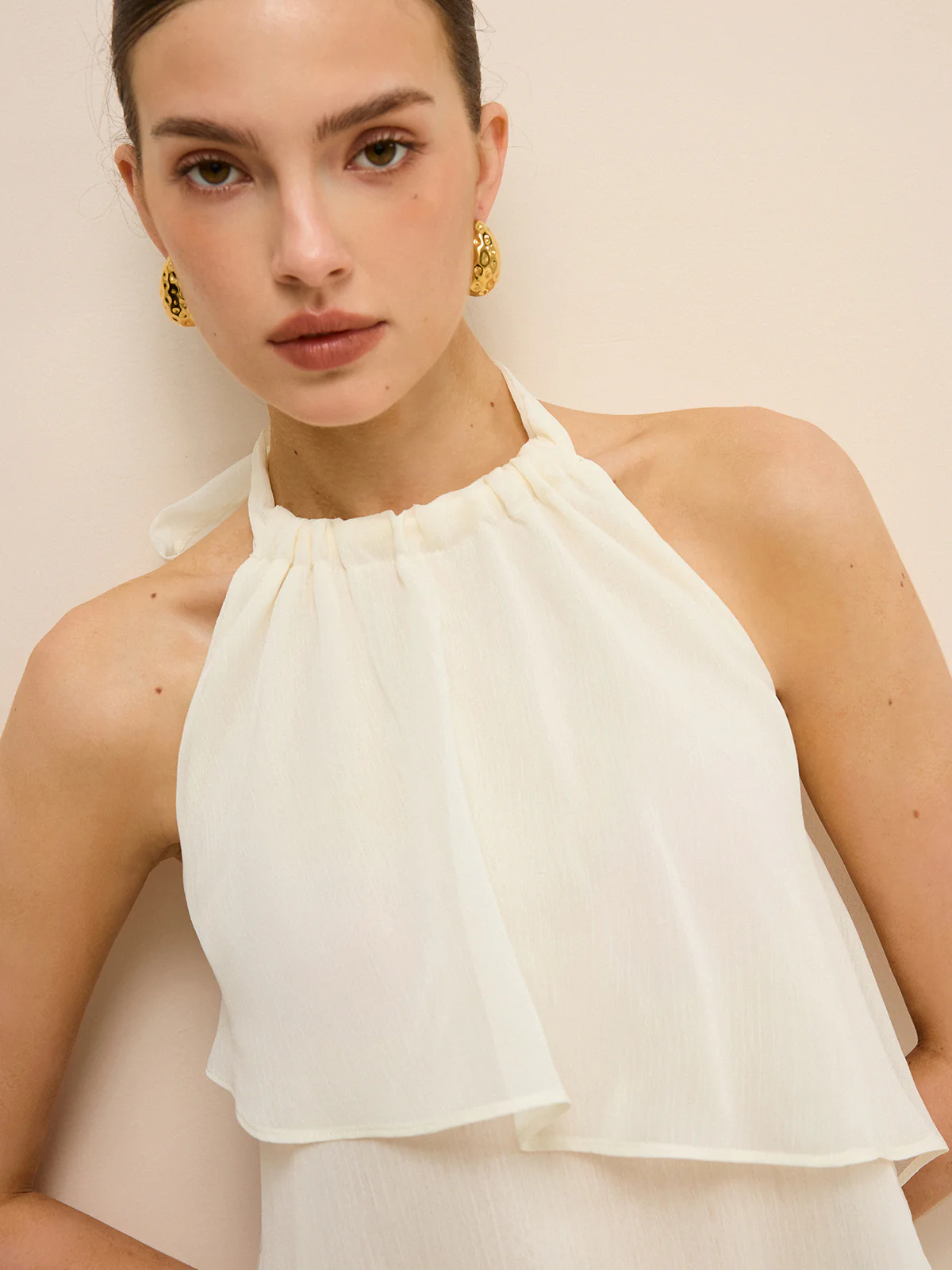 Semi-Sheer Layered Asymmetric Halter Chiffon Top - Image 4