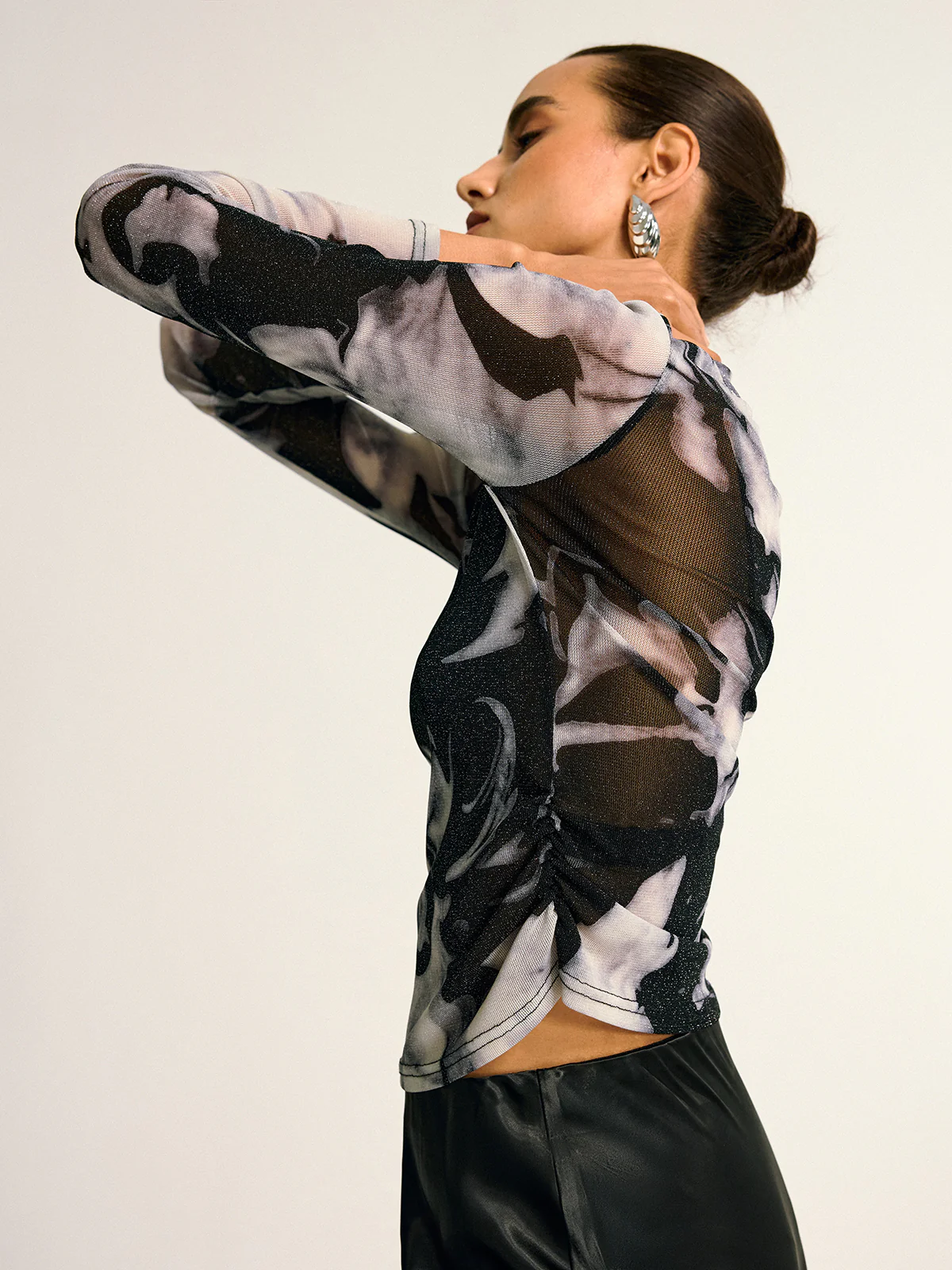 Semi-Sheer Long Sleeve Mesh Marble Print Blouse - Image 6