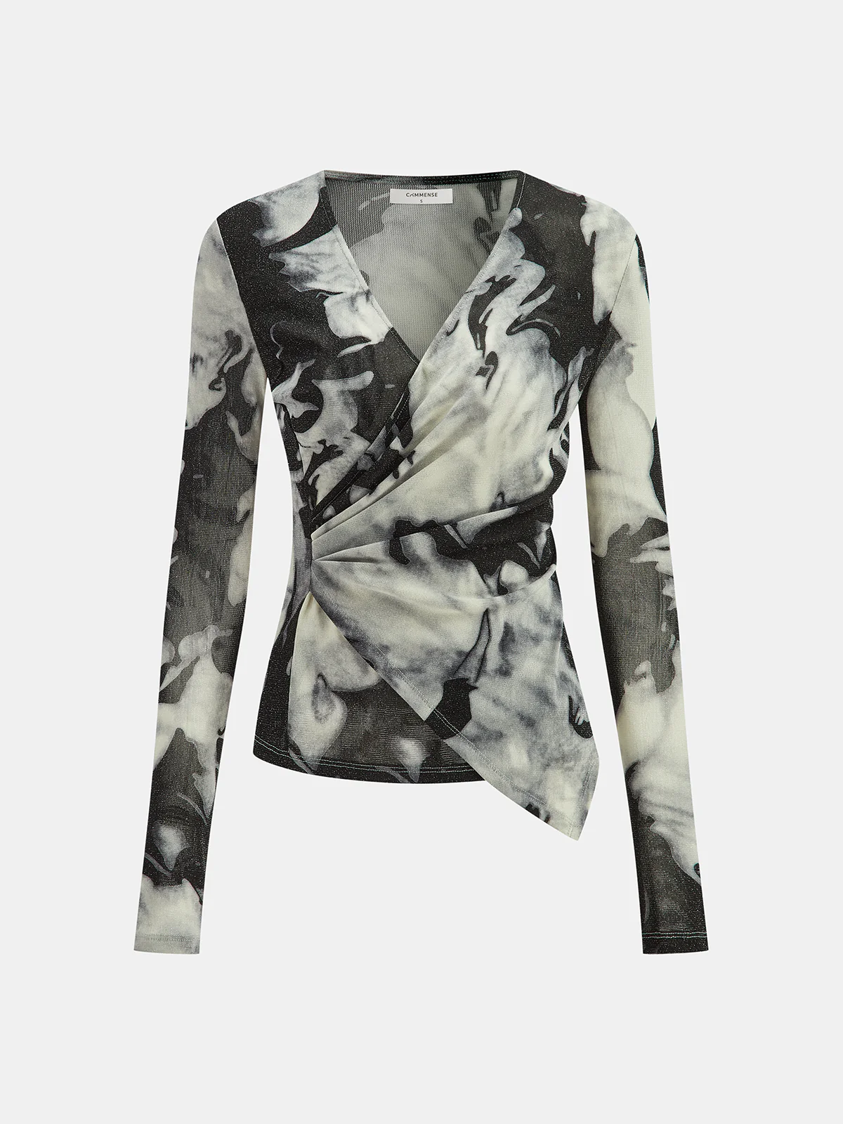 Semi-Sheer Long Sleeve Mesh Marble Print Wrap Blouse
