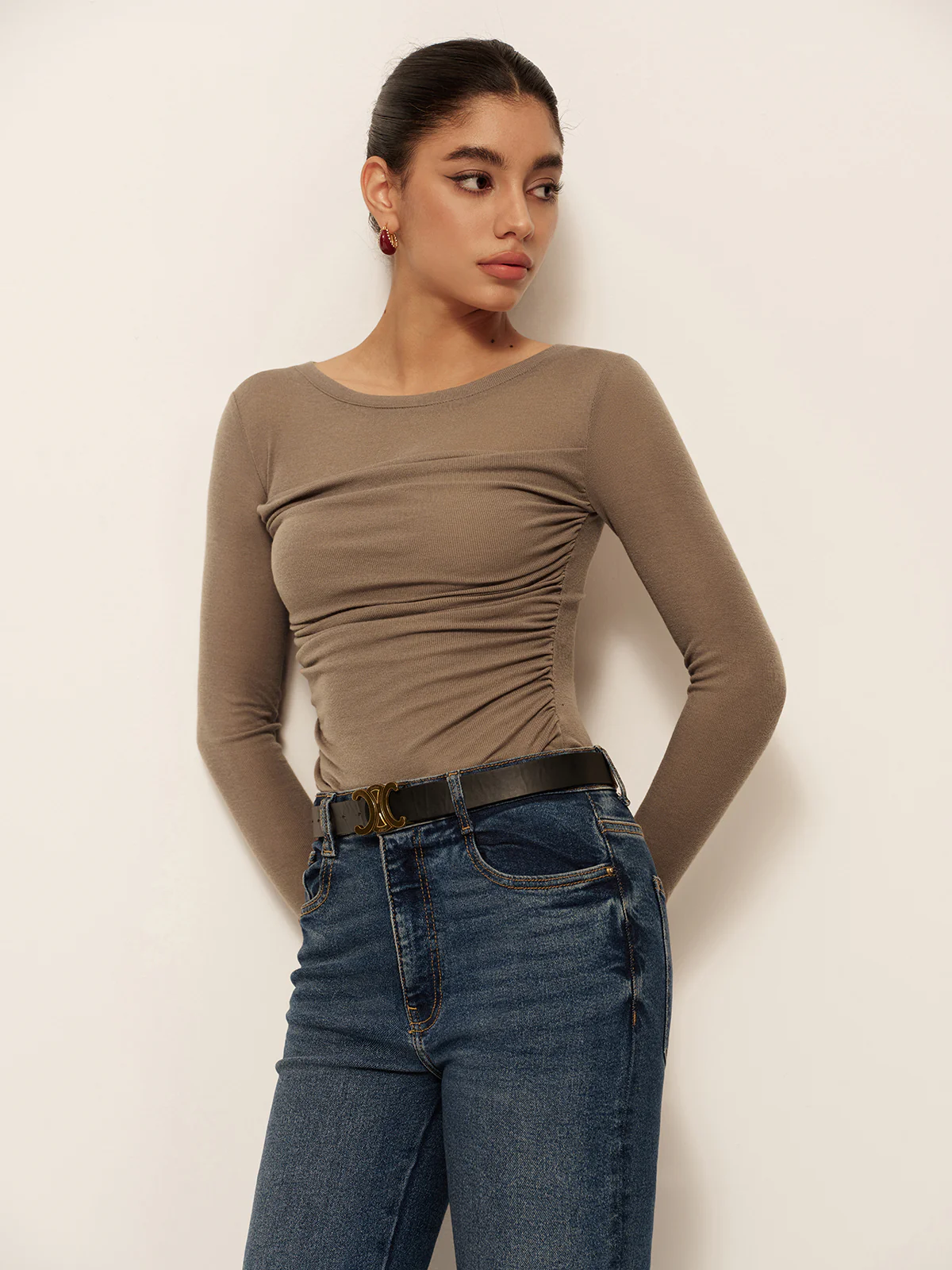 Semi-Sheer Long Sleeve Pleated Slim Panel T-Shirt - Image 2