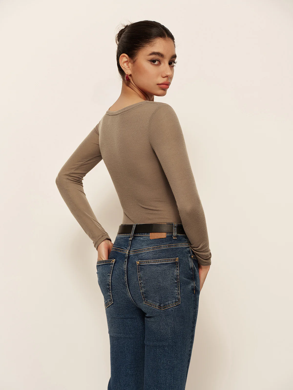 Semi-Sheer Long Sleeve Pleated Slim Panel T-Shirt - Image 5
