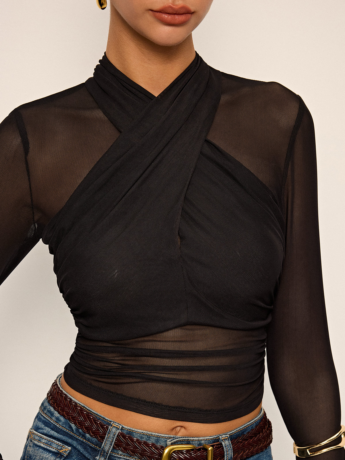 Semi-Sheer Mesh Cross-Front T-Shirt - Image 3