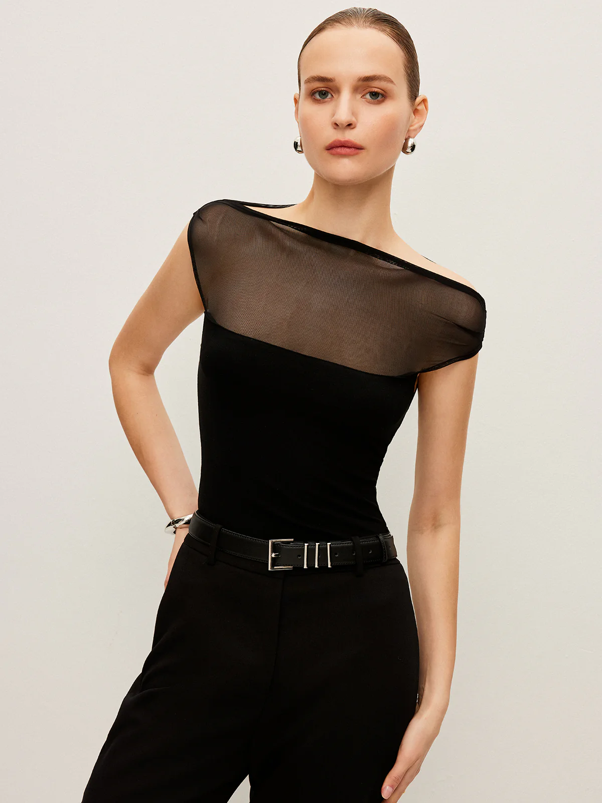 Semi-Sheer Mesh Panel Boat Neck T-Shirt - Image 4