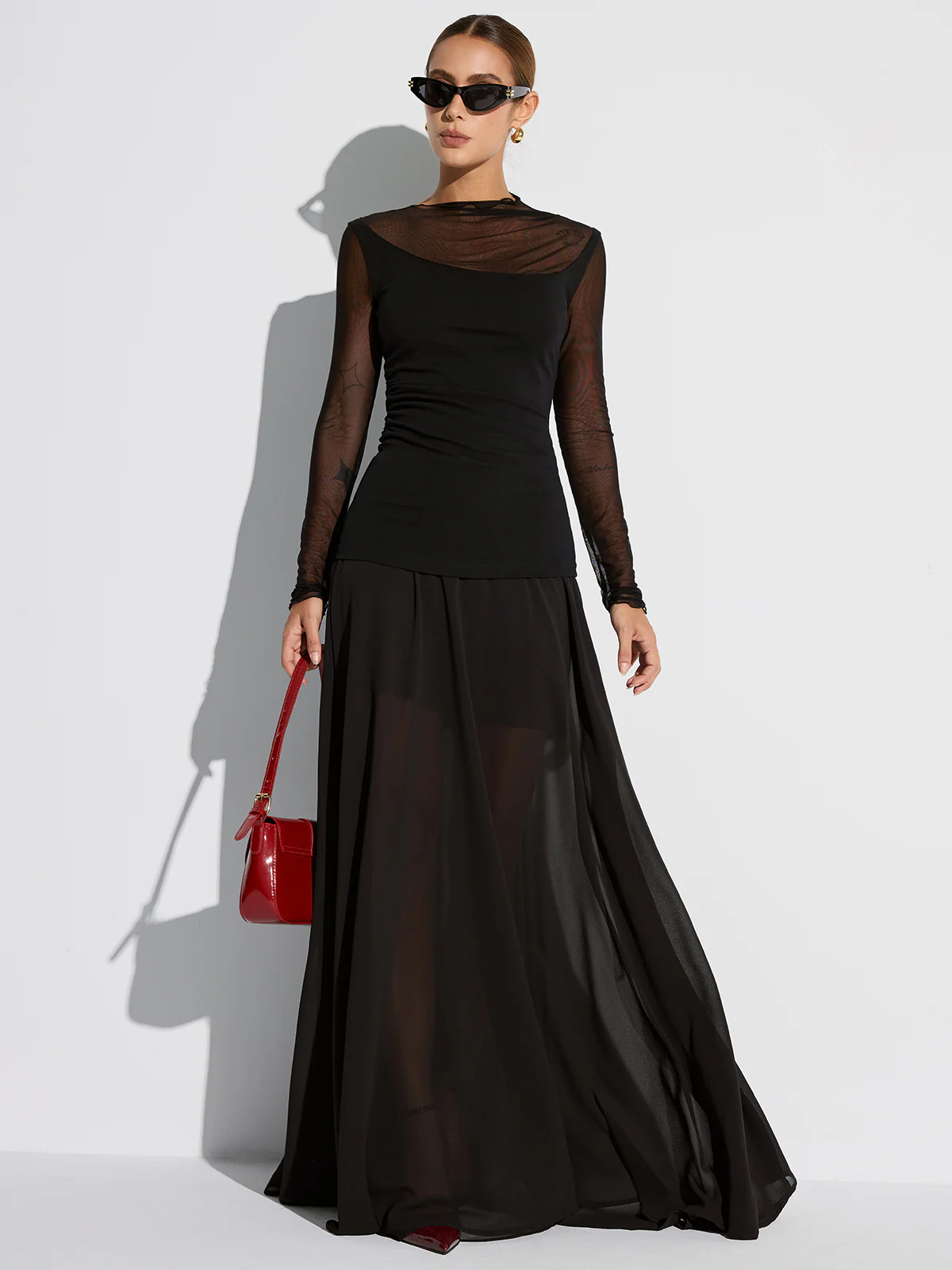 Semi-Sheer Mesh Panel Long Sleeve T-Shirt - Image 2