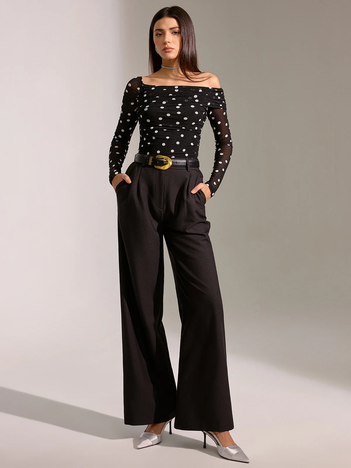 Semi-Sheer Mesh Polka Dot Ruched Off-Shoulder T-Shirt - Image 3