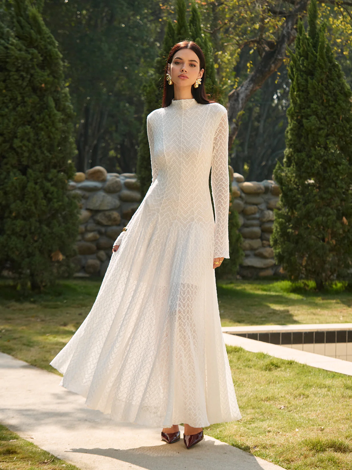 Semi-Sheer Mock Neck Lace Flowy Long Dress - Image 2
