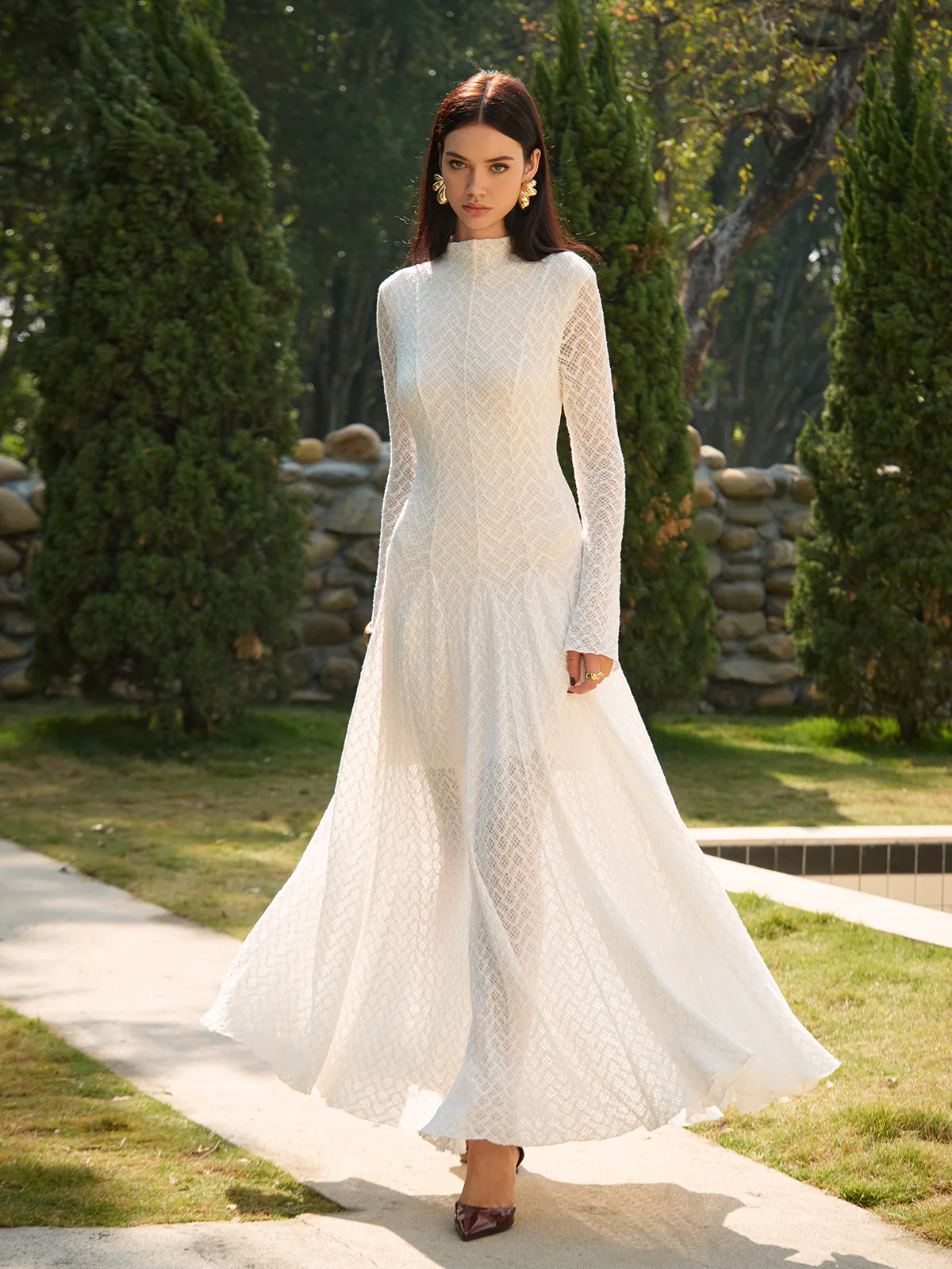 Semi-Sheer Mock Neck Lace Flowy Long Dress - Image 3