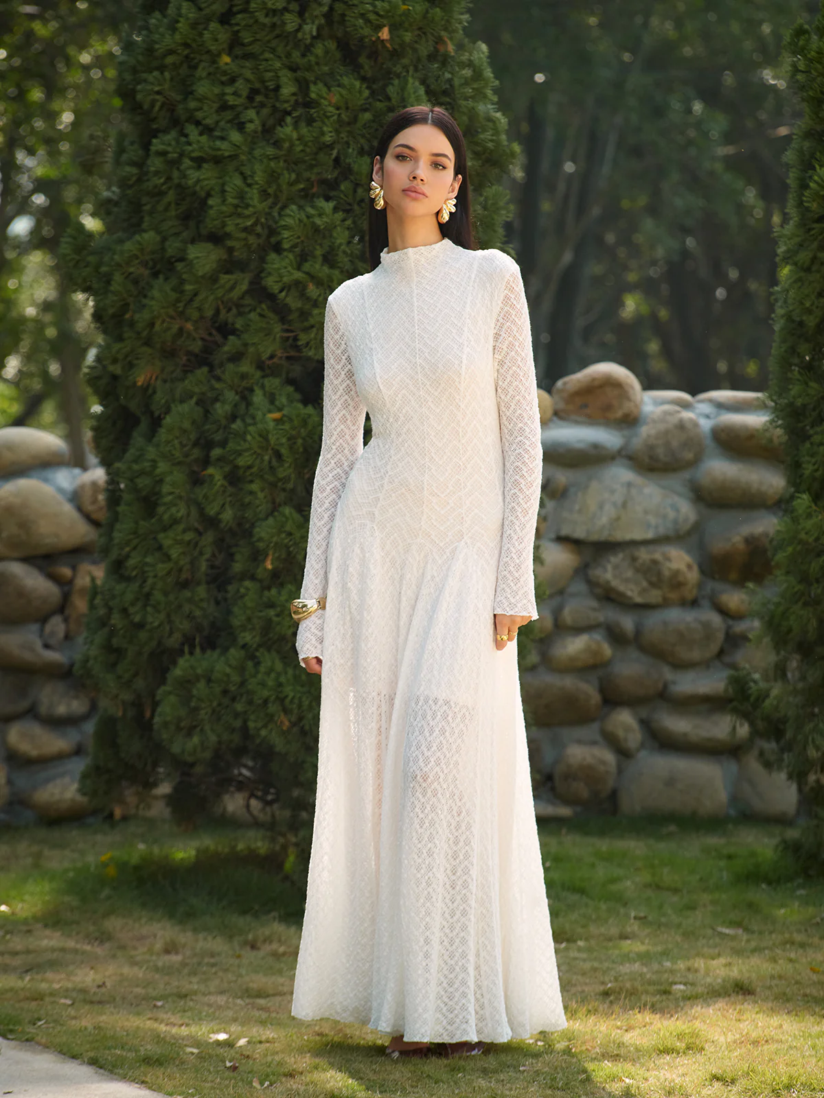 Semi-Sheer Mock Neck Lace Flowy Long Dress - Image 4