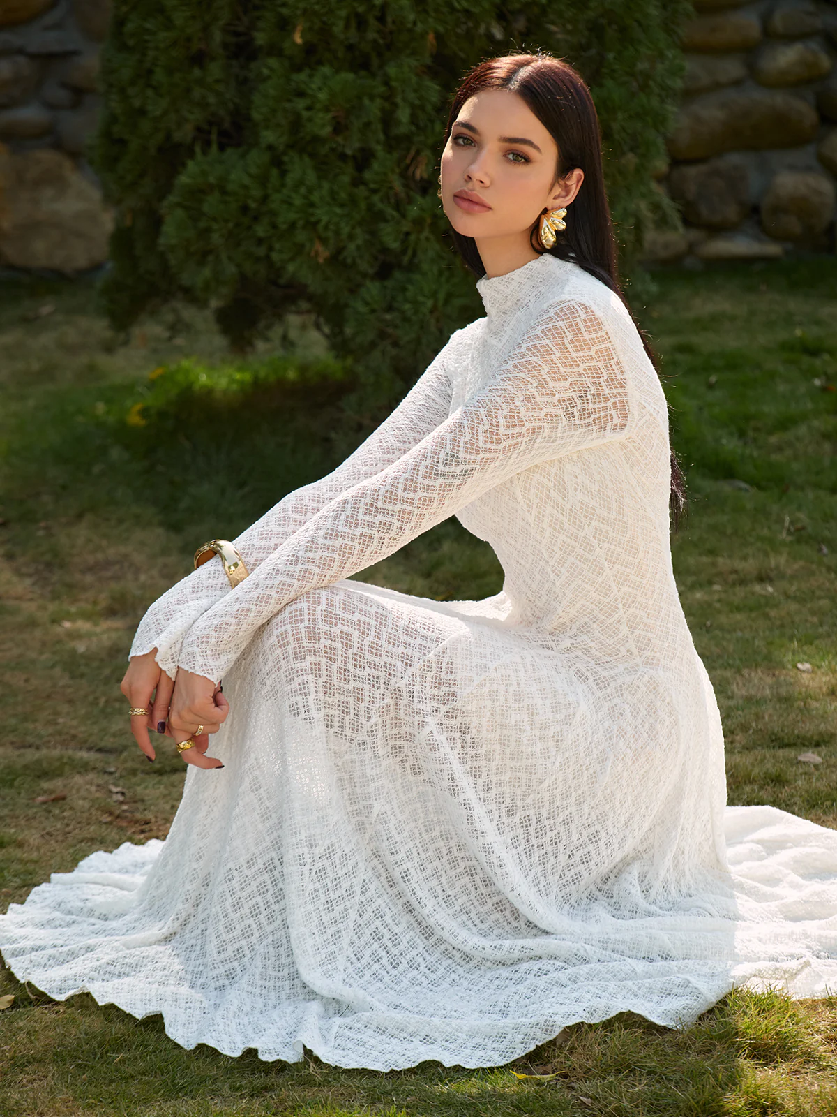 Semi-Sheer Mock Neck Lace Flowy Long Dress - Image 7