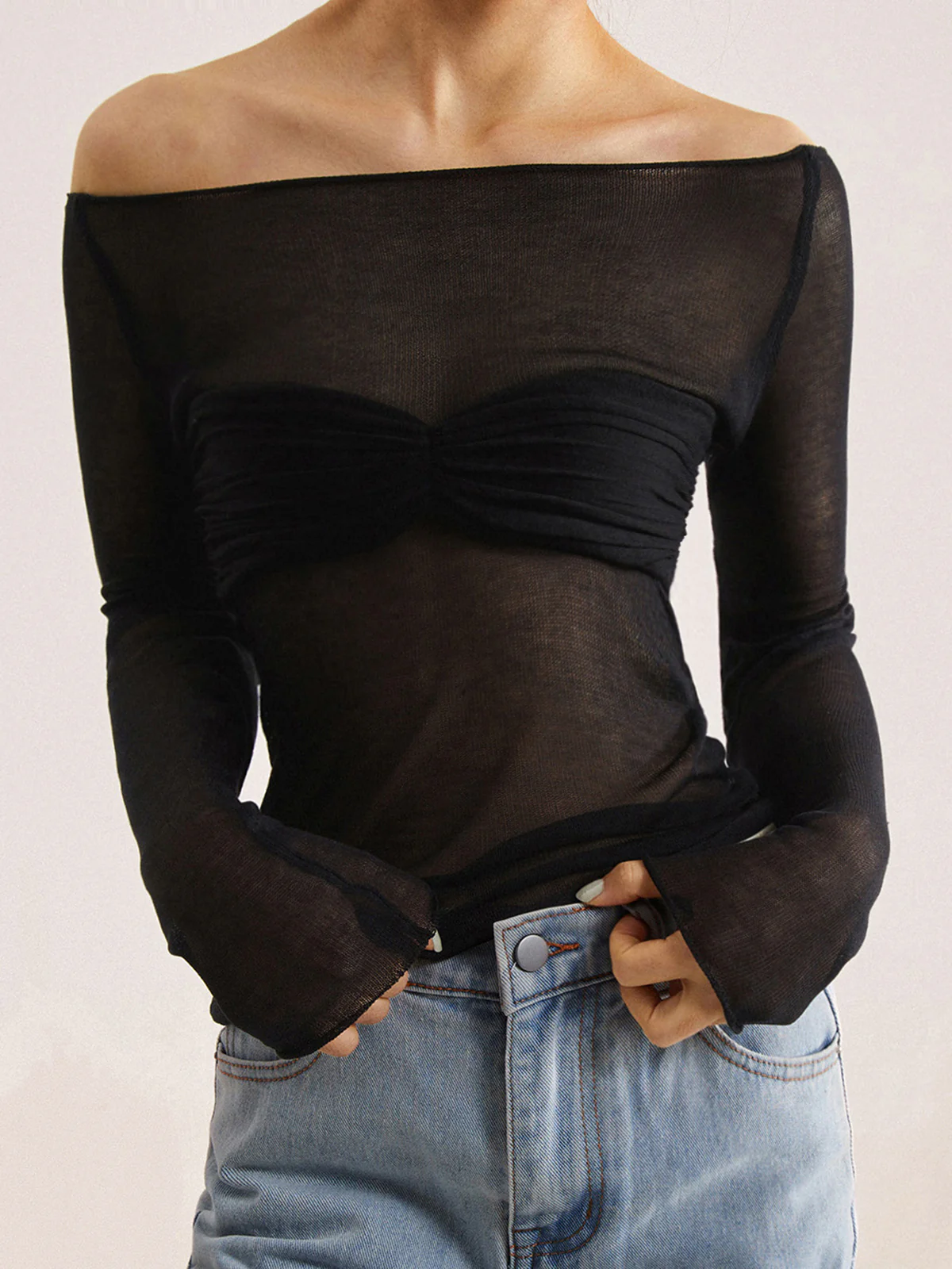Semi-Sheer Off-Shoulder Mesh Long Sleeve Shirt - Image 2