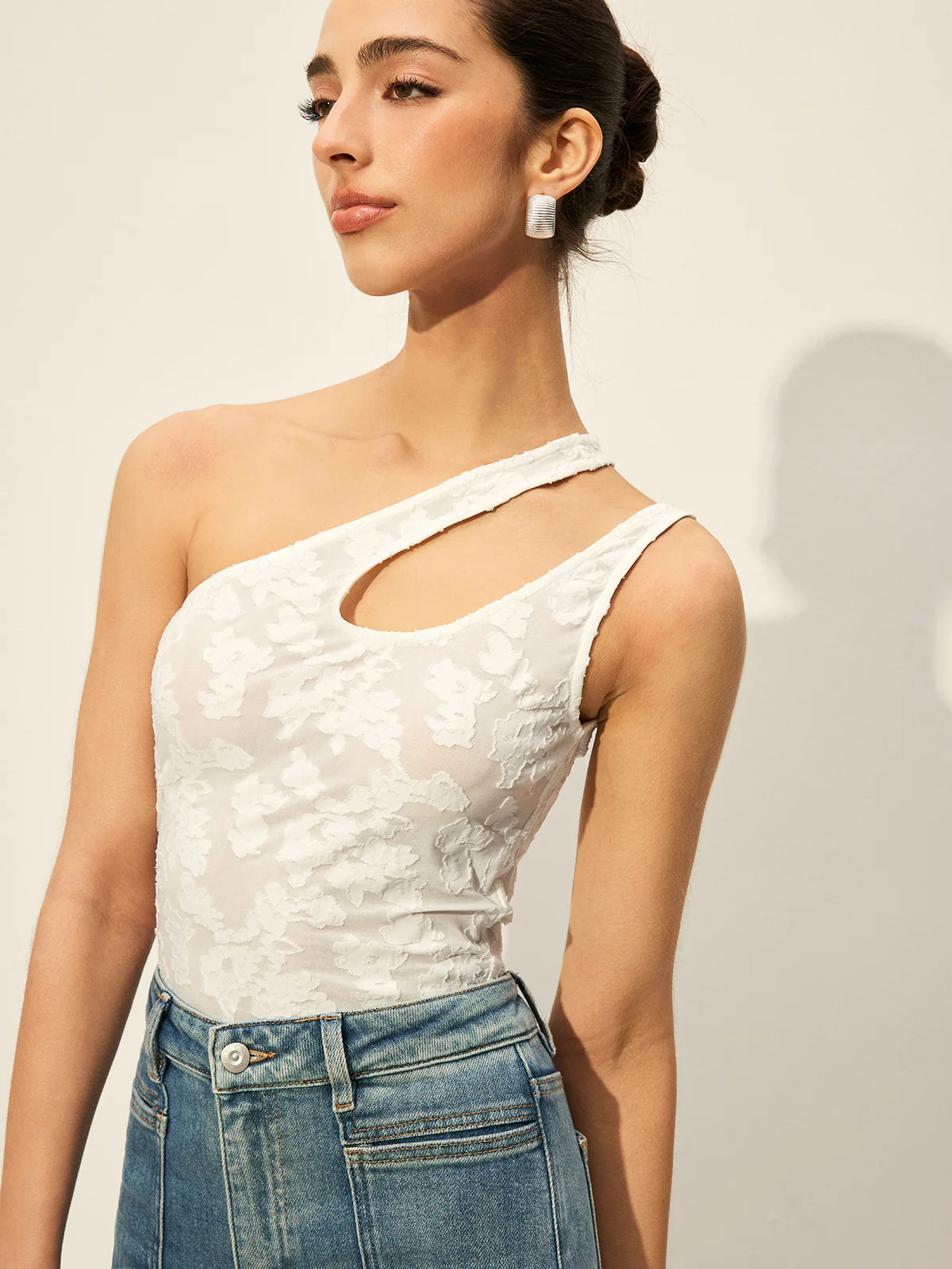 Semi-Sheer One-Shoulder Asymmetrical Cut-Out Embroidery Tank Top - Image 3
