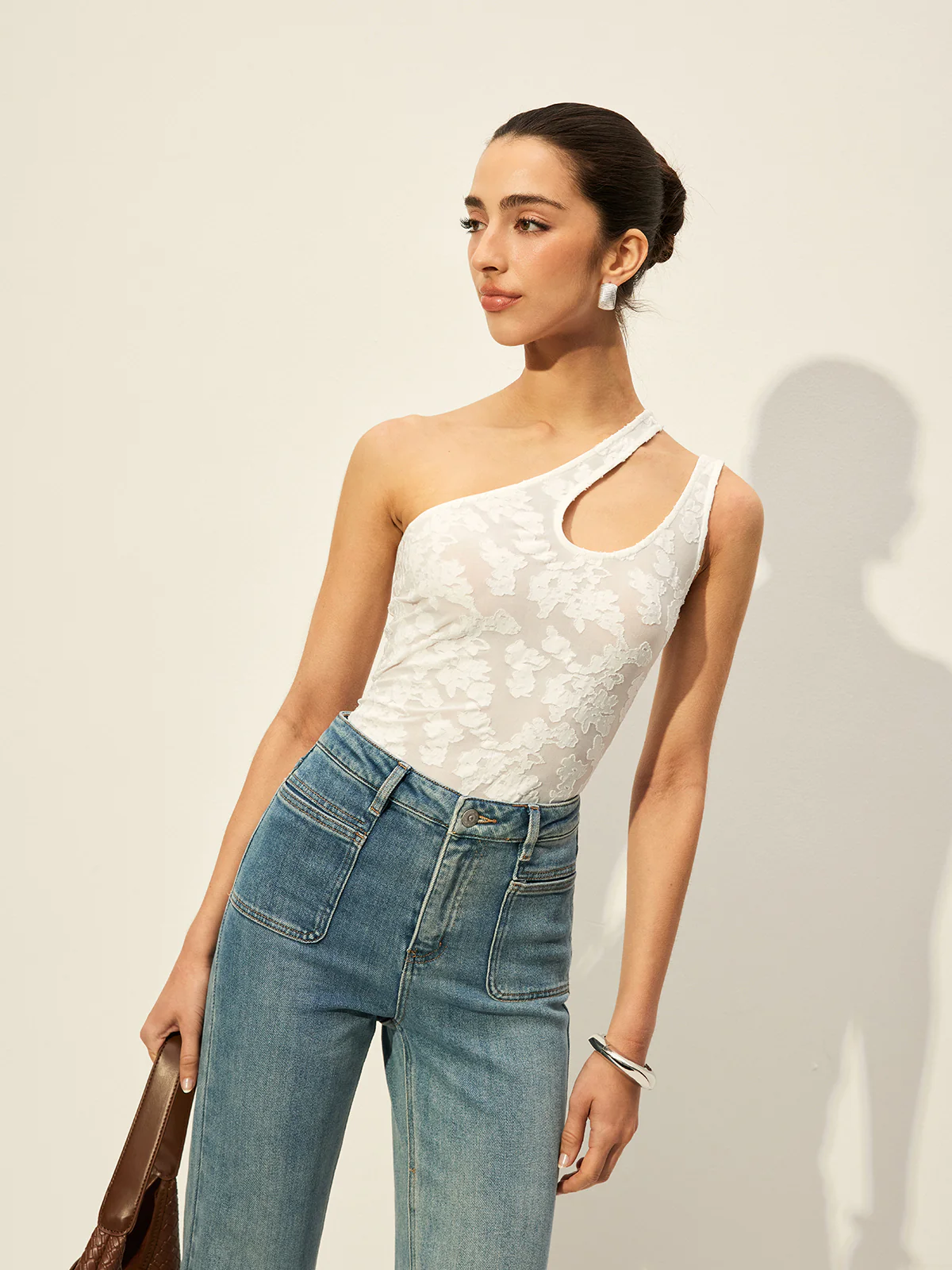 Semi-Sheer One-Shoulder Asymmetrical Cut-Out Embroidery Tank Top - Image 4