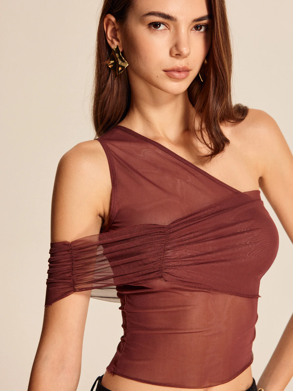 Semi-Sheer One-Shoulder Mesh Top - Image 2
