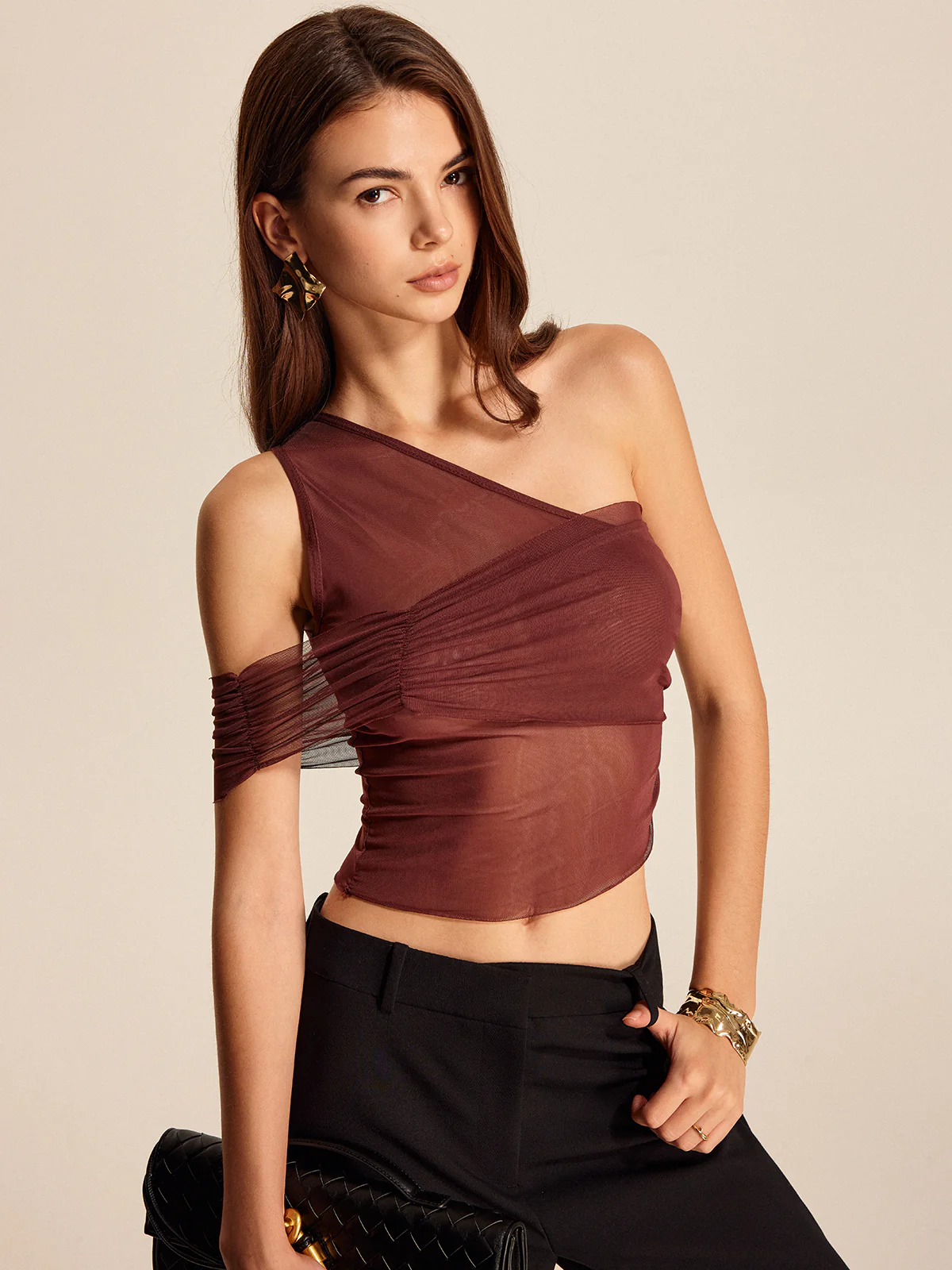 Semi-Sheer One-Shoulder Mesh Top - Image 3