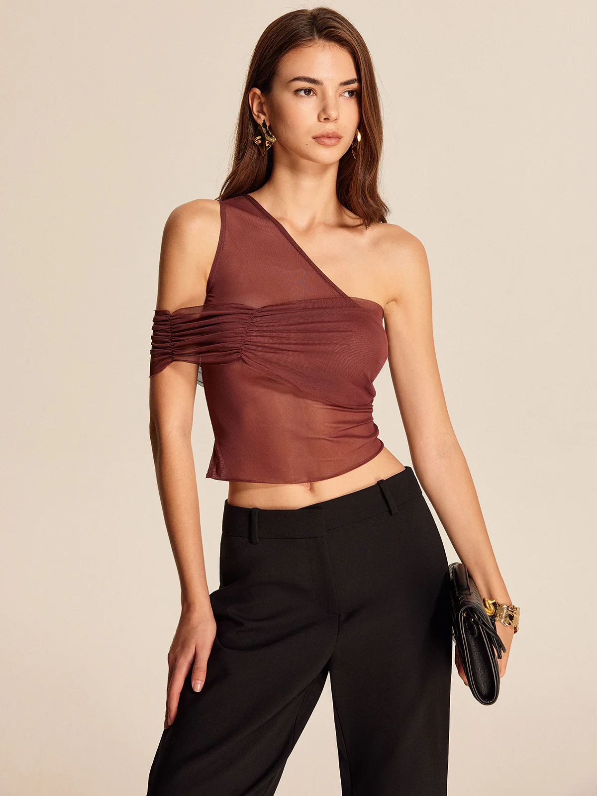 Semi-Sheer One-Shoulder Mesh Top - Image 4