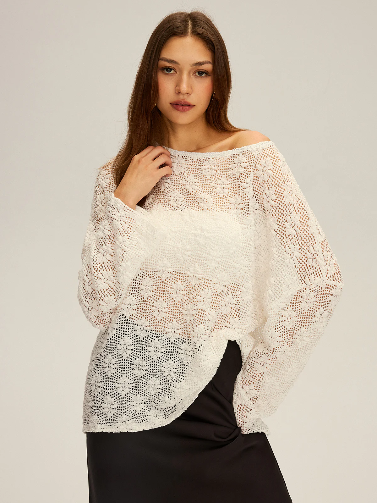 Semi-Sheer Oversized Off-Shoulder Blouse - Image 2