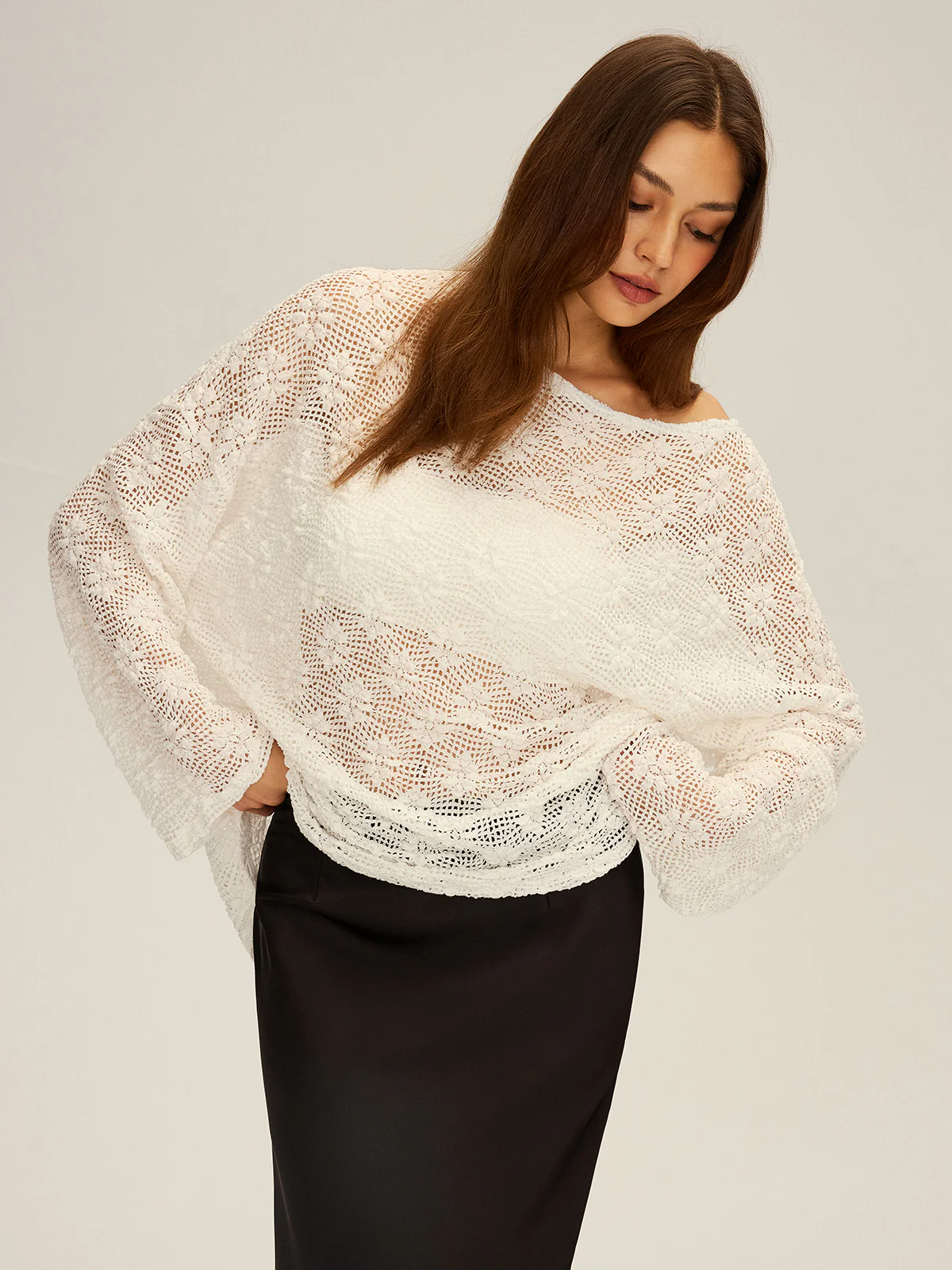 Semi-Sheer Oversized Off-Shoulder Blouse - Image 4