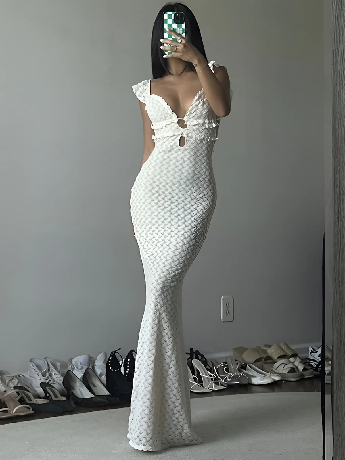 Semi-Sheer Pearl Keyhole Neckline Cami Long Dress - Image 4