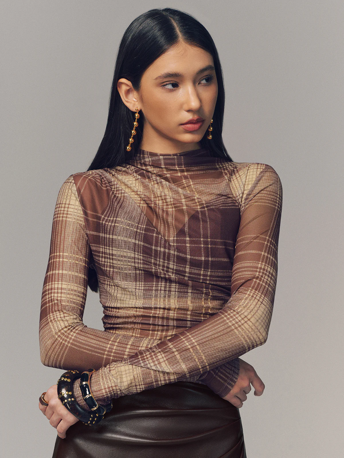 Semi-Sheer Plaid Mesh Top - Image 4