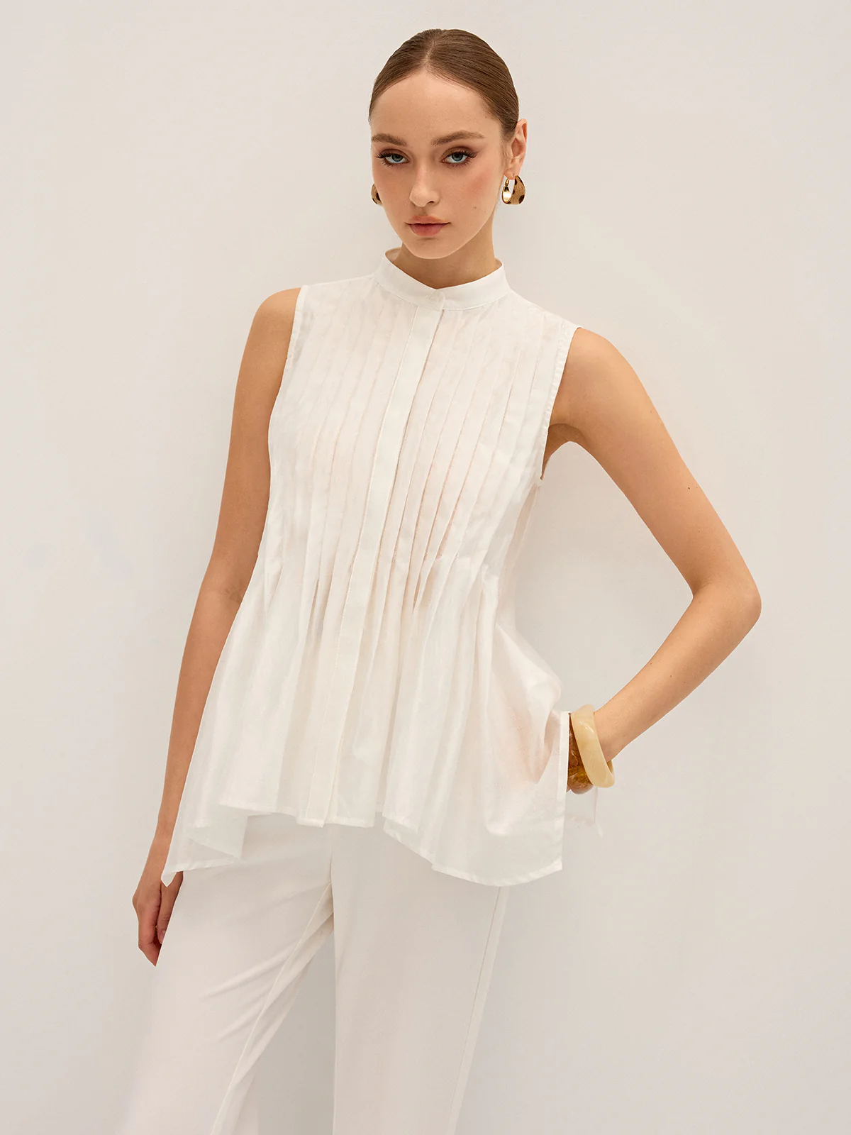 Semi-Sheer Pleated Mock Neck Blouse - Image 2
