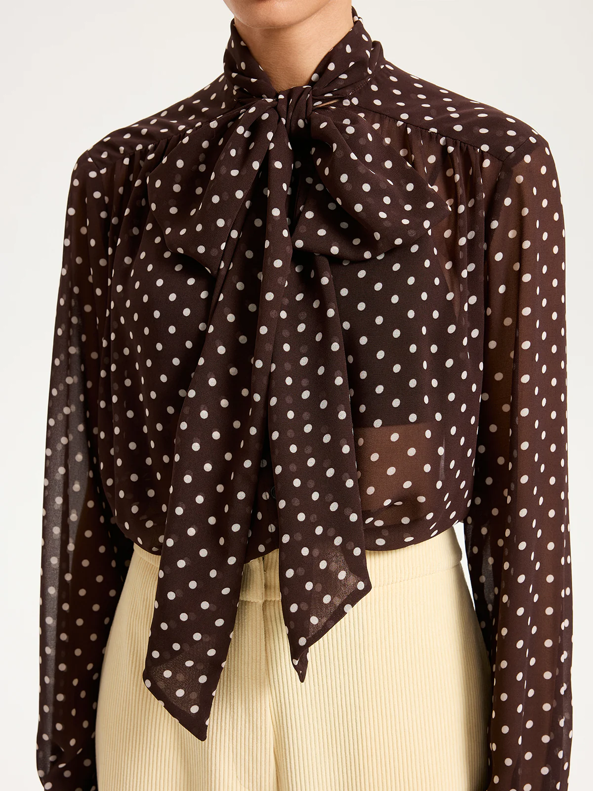 Semi-Sheer Polka Dot Chiffon Bow Blouse - Image 5