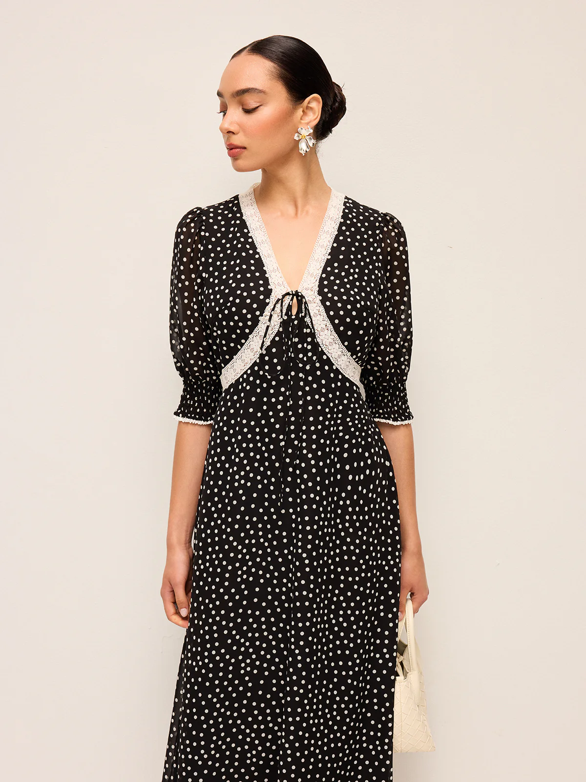 Semi-Sheer Polka Dot Chiffon Dress With Lace Trim - Image 3