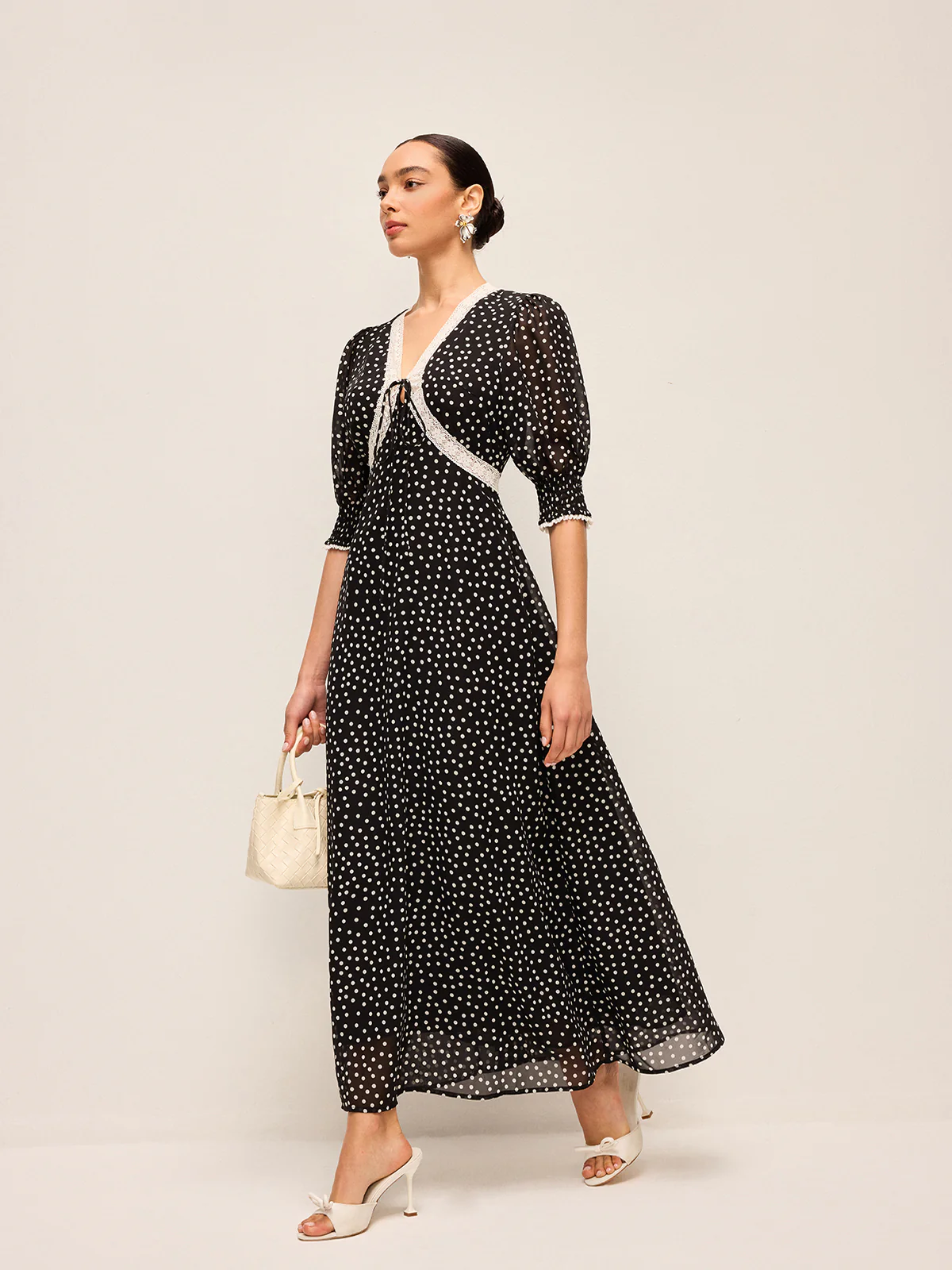 Semi-Sheer Polka Dot Chiffon Dress With Lace Trim - Image 4